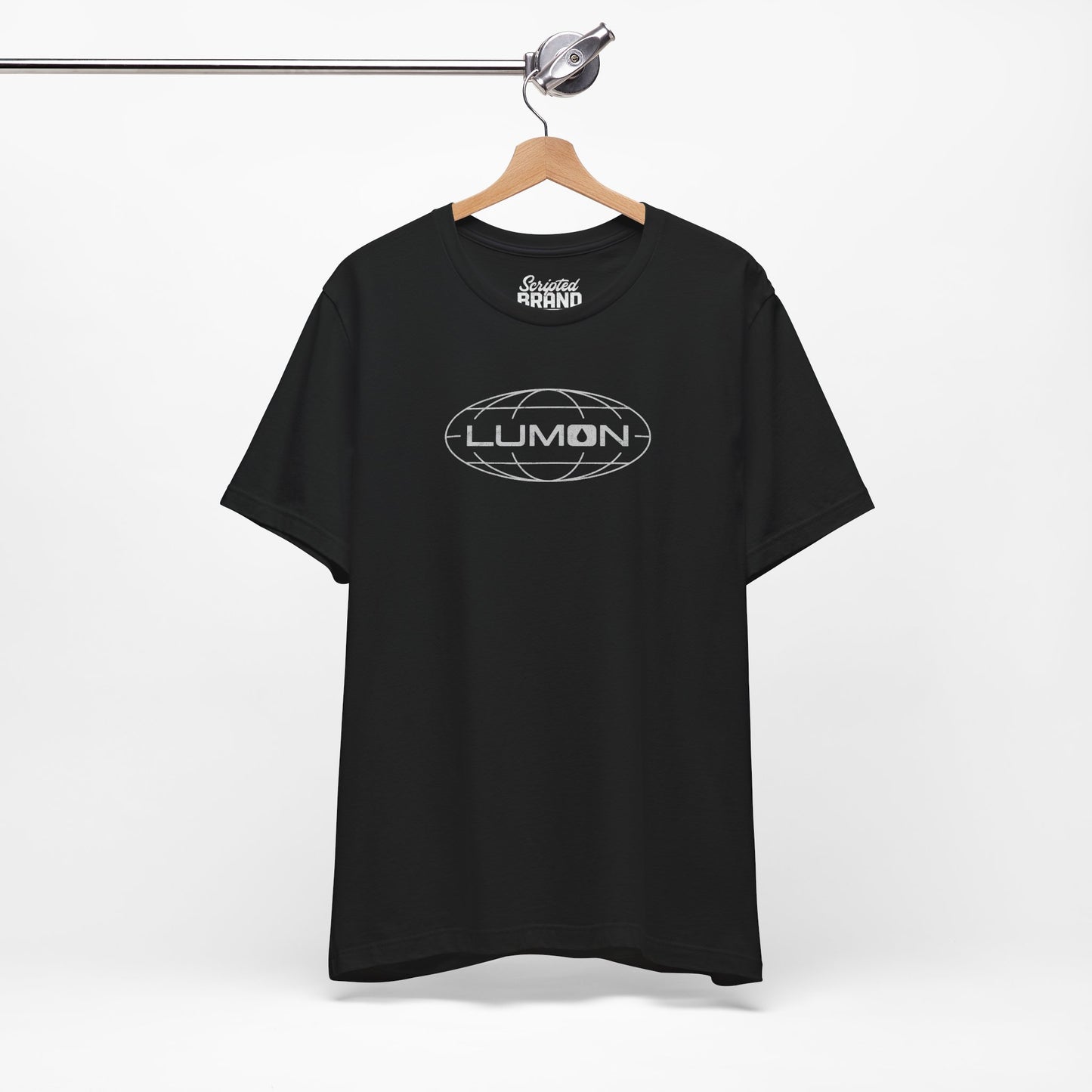 Black colored soft Bella+Canvas shirtsleeve t-shirt with the Lumon Industries logo from the TV show Severance in a vintage distressed ink-stamped style, hanging on a hanger