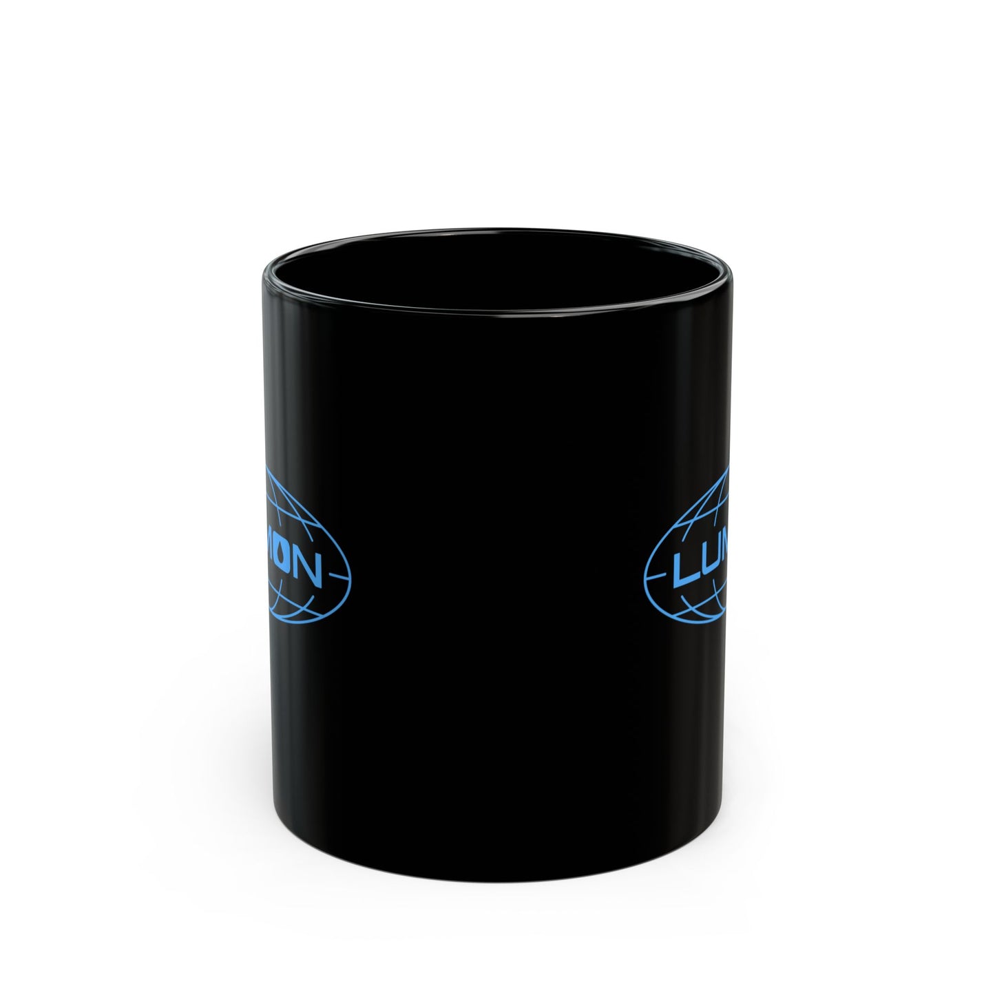 Side view of a Black Ceramic Mug with the Lumon Industries logo from the Apple TV show Severance printed on both sides.