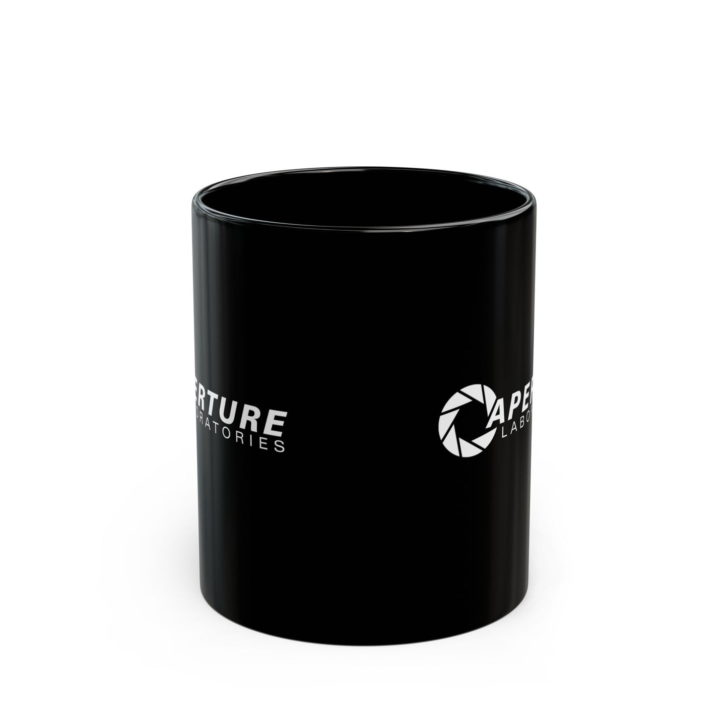 Side view of an 11 oz Black Ceramic Mug with a white Aperture Laboratories logo from the video game Portal and Portal 2 on both sides, shown with both logos visible, sold by ScriptedBrand.
