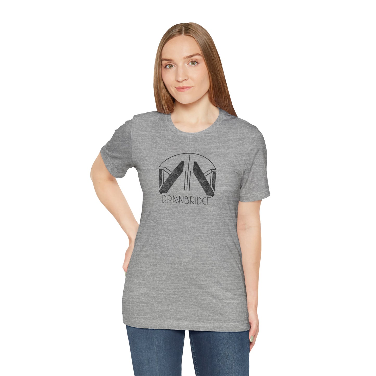 Female model wearing an athletic heather grey colored soft Bella+Canvas 3001 short-sleeve t-shirt featuring the Drawbridge logo from the video game Death Stranding 2, in a vintage distressed style, sold by ScriptedBrand.