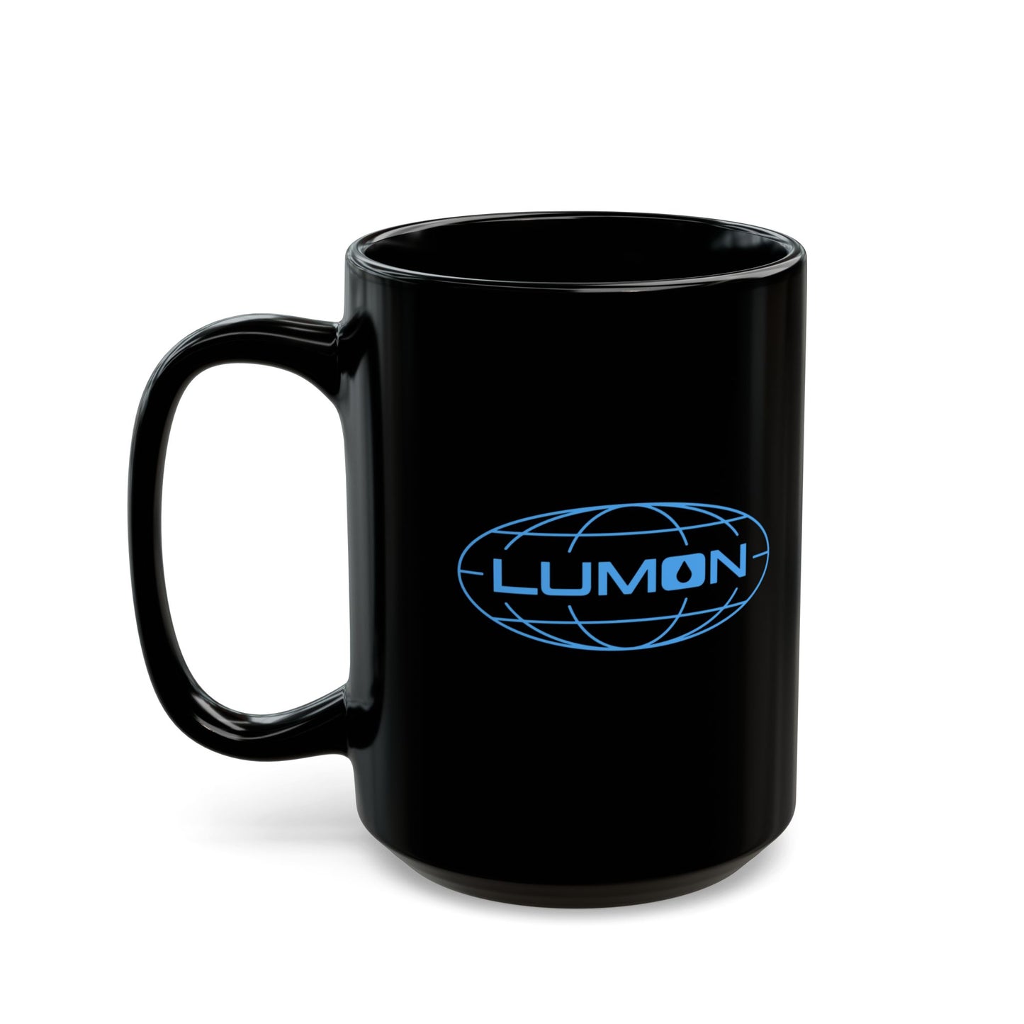 Front view of an 15 oz Black Ceramic Mug with the Lumon Industries logo from the Apple TV show Severance printed on both sides, with the handle on the left.