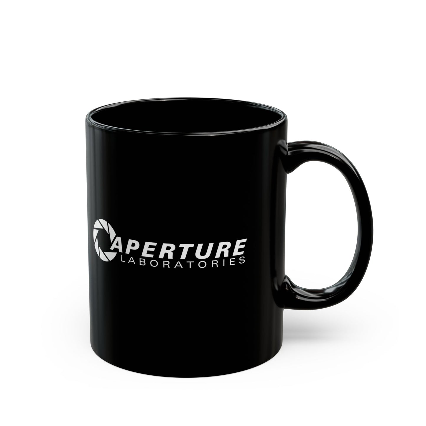 Front view of an 11 oz Black Ceramic Mug with the white Aperture Laboratories logo from the video game Portal and Portal 2 on both sides, shown with handle on the right, sold by ScriptedBrand.