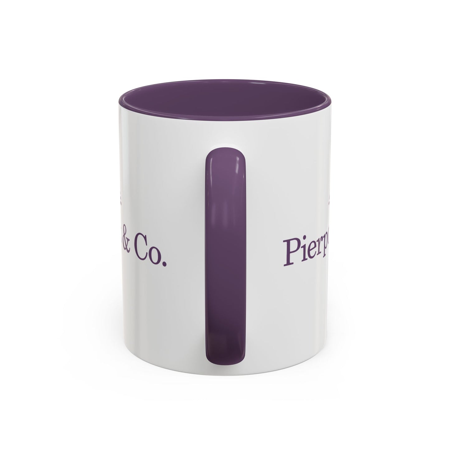 Side view of white ceramic mug with purple Pierpoint & Co. logo, handle, and interior inspired by the HBO series Industry.