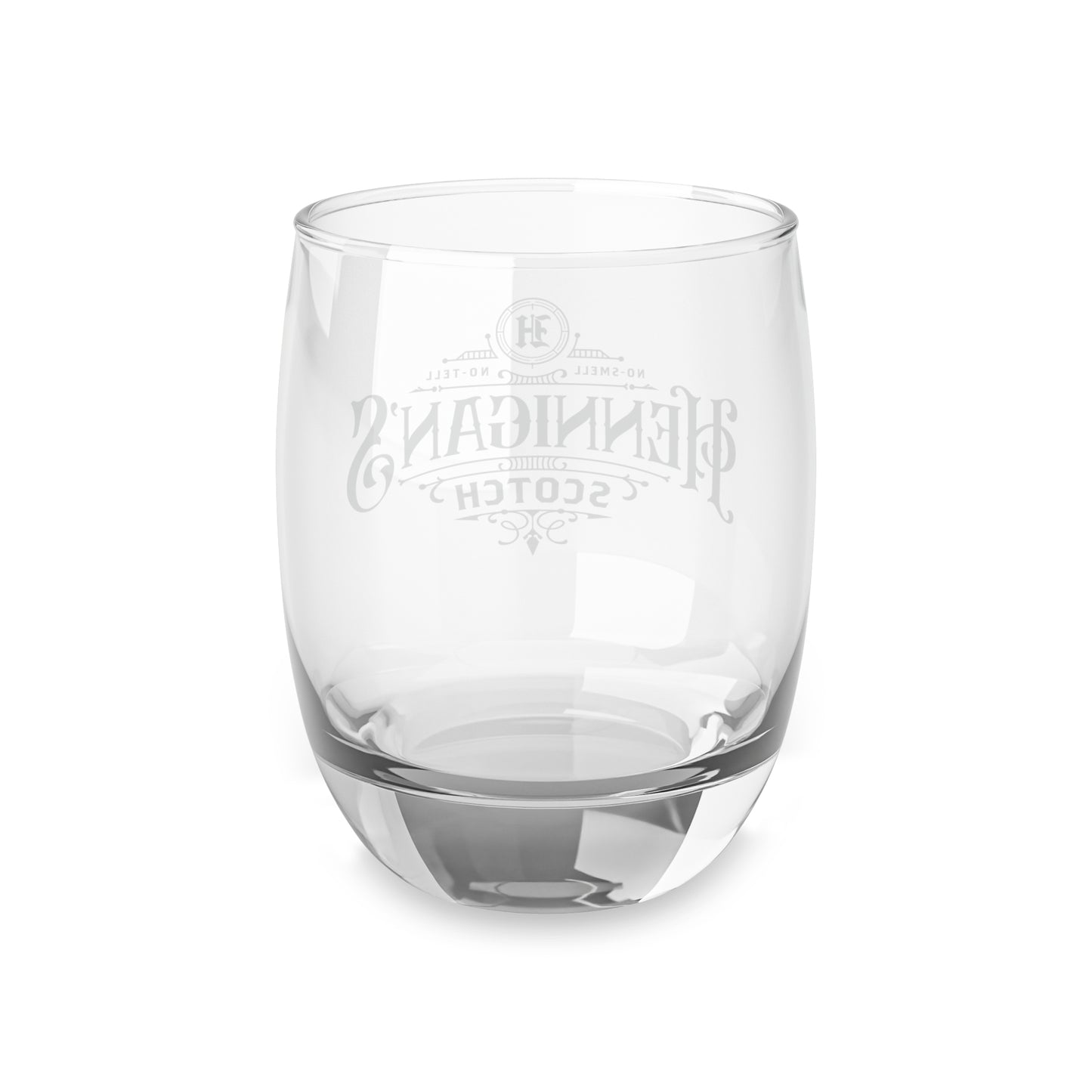 Back view of a 6 ounce Whiskey Glass with Hennigan's Scotch logo designed by ScriptedBrand from the TV show Seinfeld.