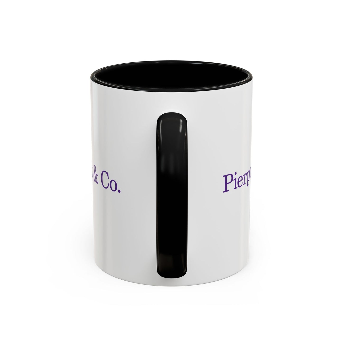 Side view of a 11 oz White Ceramic Mug facing the black handle, featuring the purple Pierpoint & Co logo from the HBO TV show Industry printed on both sides, sold by ScriptedBrand.