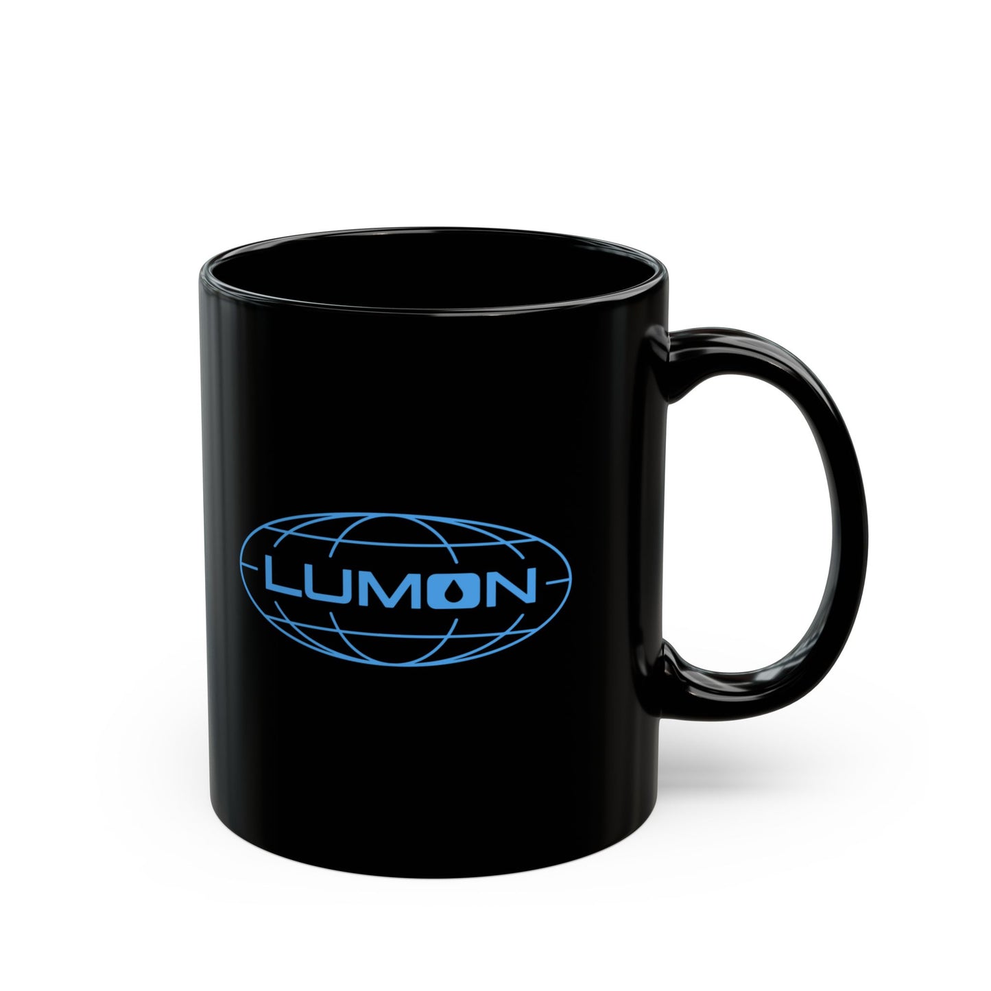 Front view of an 11 oz Black Ceramic Mug with the Lumon Industries logo from the Apple TV show Severance printed on both sides, with the handle on the right.