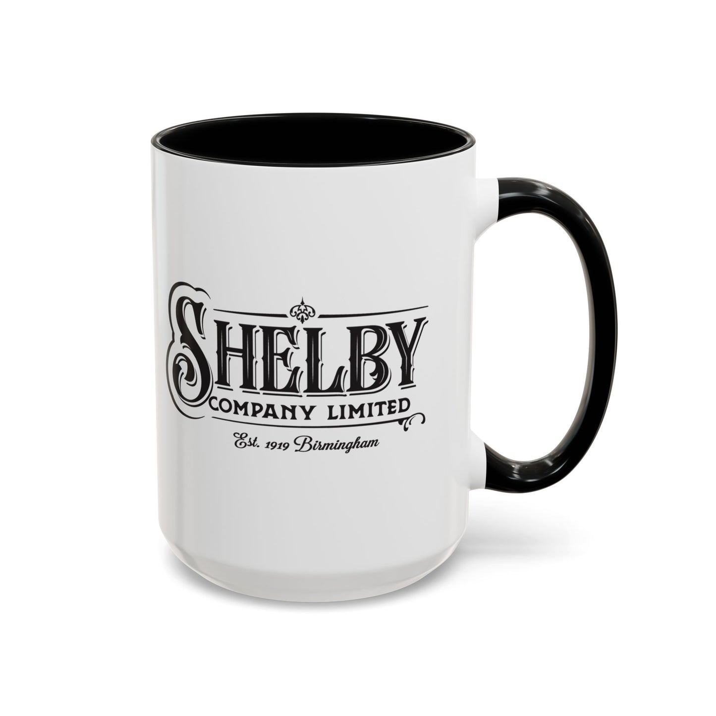 Front view of a 15 oz White Ceramic Mug with black handle/interior featuring the fictional Shelby Company Limited Logo from the TV show Peaky Blinders printed on both sides. Black handle is on the right. Graphic is designed by ScriptedBrand and includes the text "Est. 1919 Birmingham".