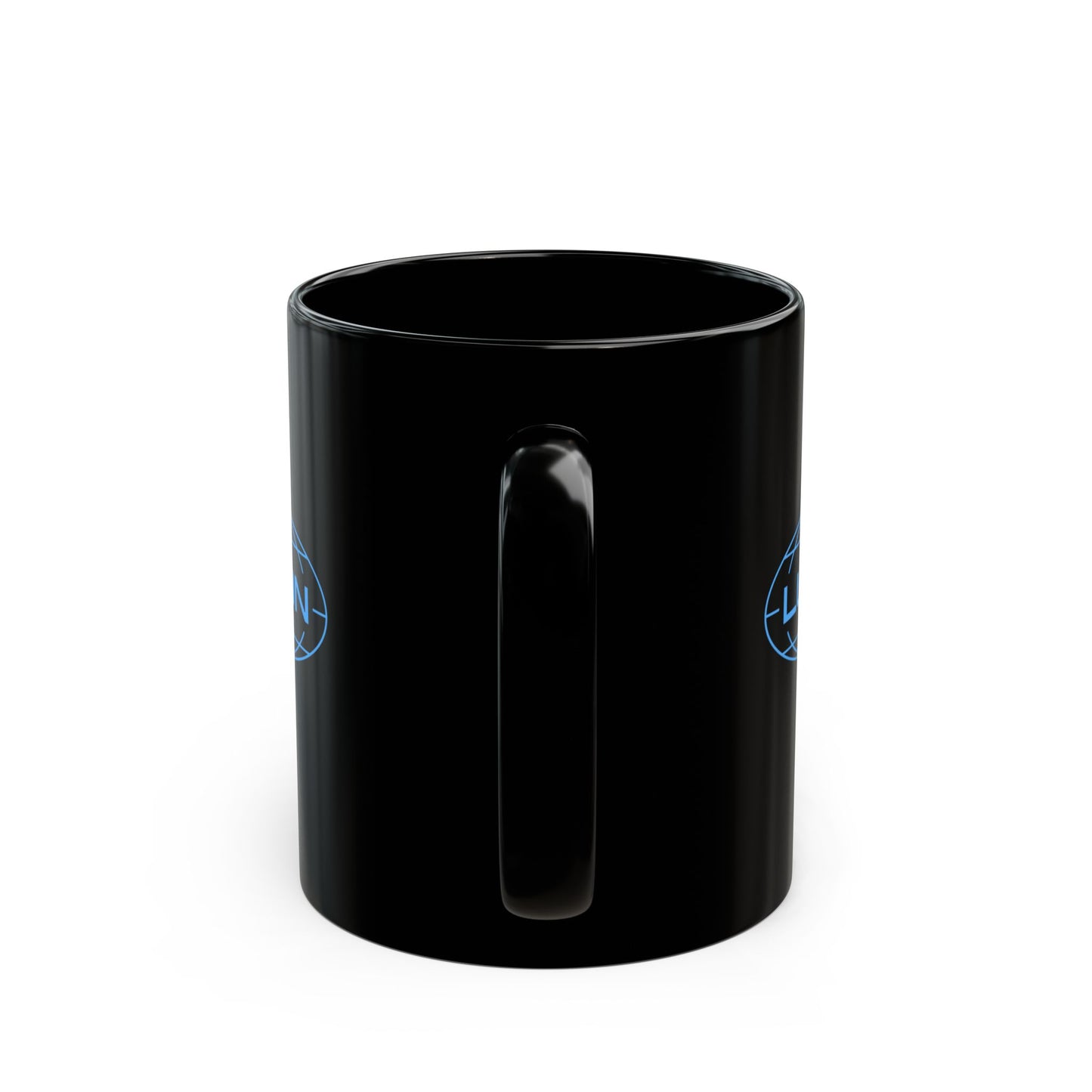 Handle angle view of an 11 oz Black Ceramic Mug with the Lumon Industries logo from the Apple TV show Severance printed on both sides.