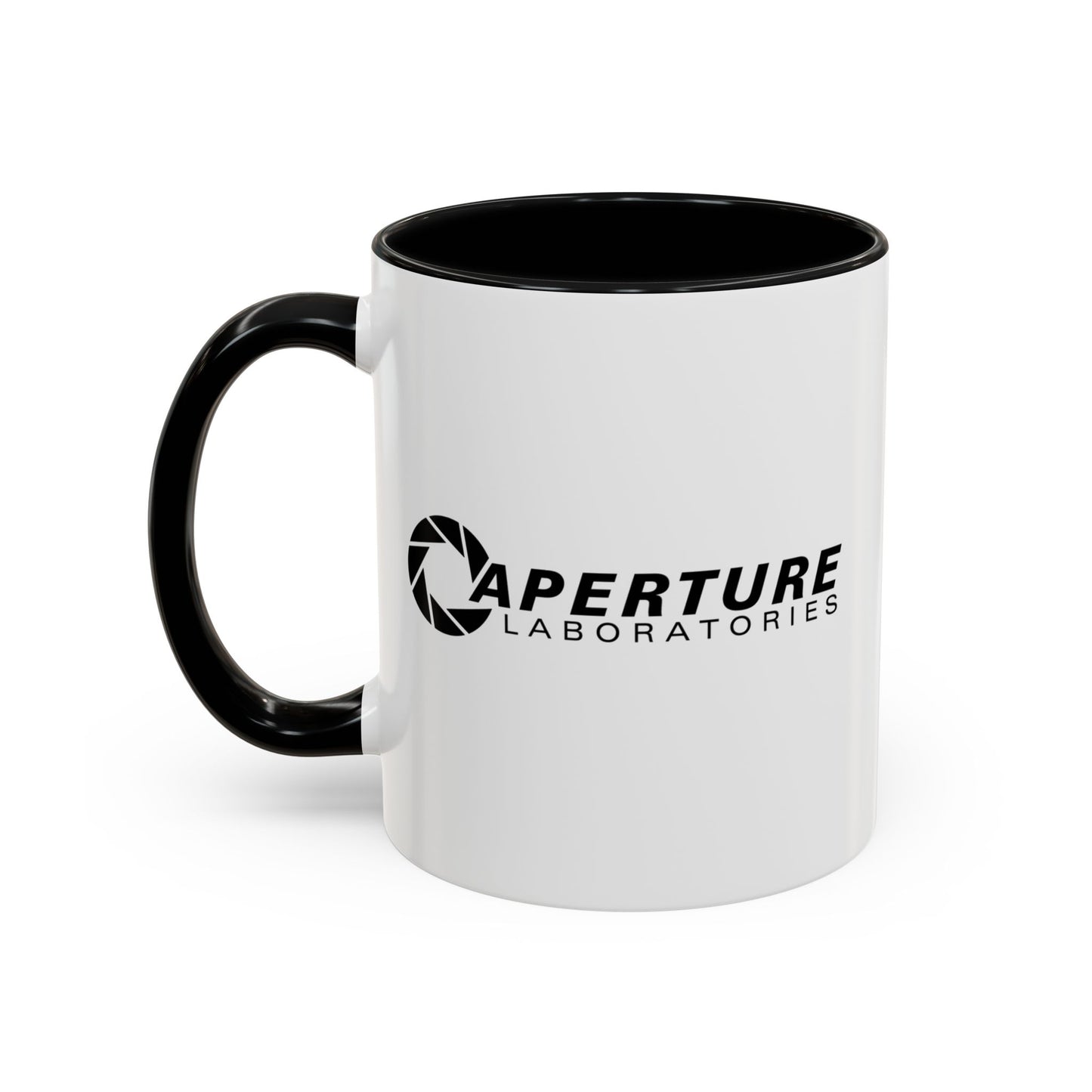 Front view with handle on left of an 11 oz white Ceramic Accent Mug with the black Aperture Laboratories logo from the video game Portal on both sides. Handle and interior are colored black.