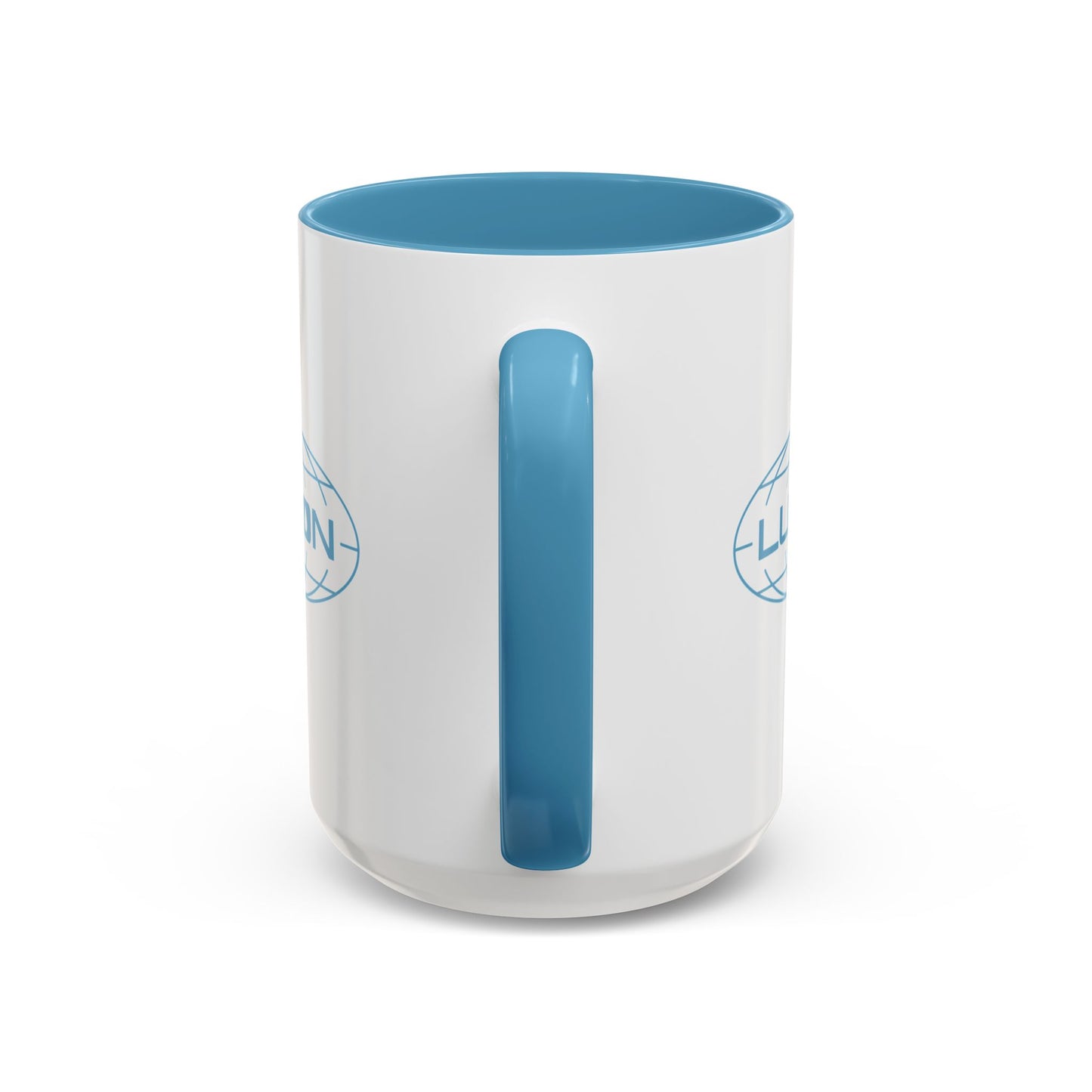 Handle-side view of a White Ceramic Mug (15 oz) with the blue Lumon Industries logo on both sides, inspired by the Apple TV show Severance.