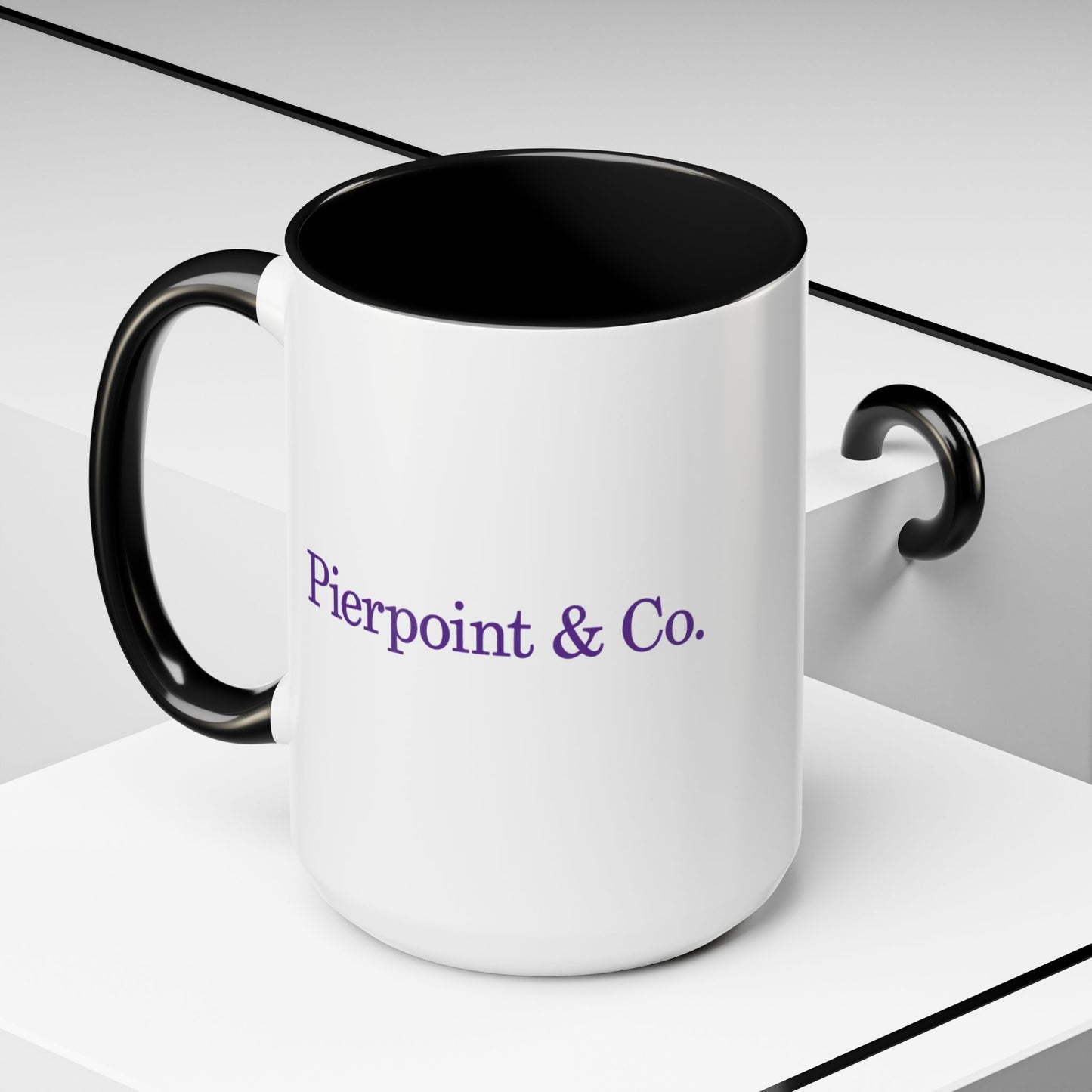 Angled view of a 15 oz White Ceramic Mug with black handle/interior featuring the purple Pierpoint & Co logo from the HBO TV show Industry printed on both sides, sold by ScriptedBrand.