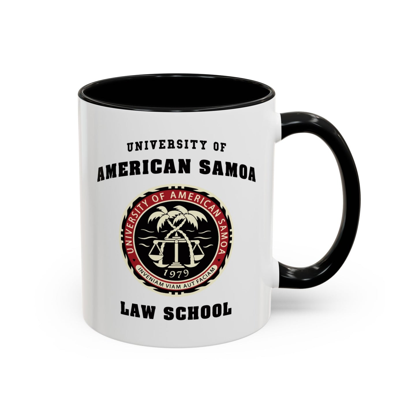 11 oz Ceramic mug with black handle on right featuring University of American Samoa Law School logo from Better Call Saul on both sides.