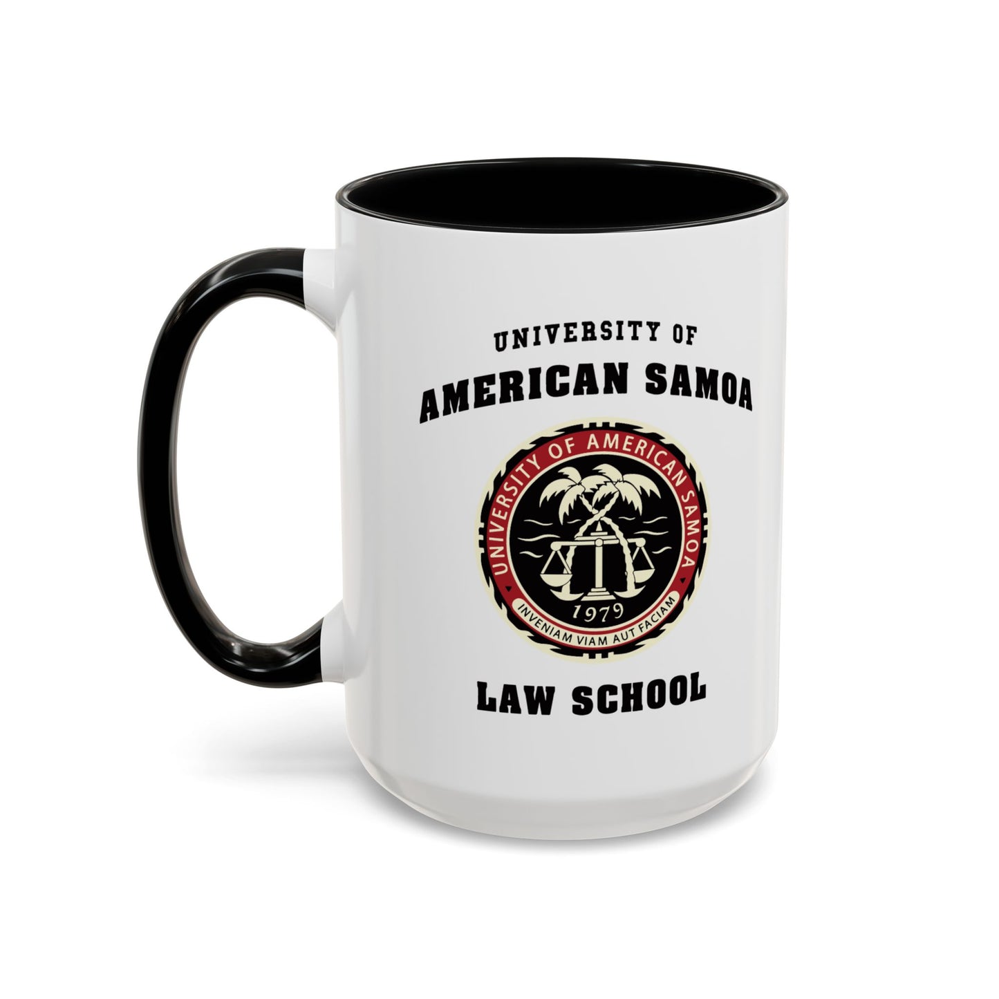 15 oz Ceramic mug with black handle on left featuring University of American Samoa Law School logo from Better Call Saul on both sides.