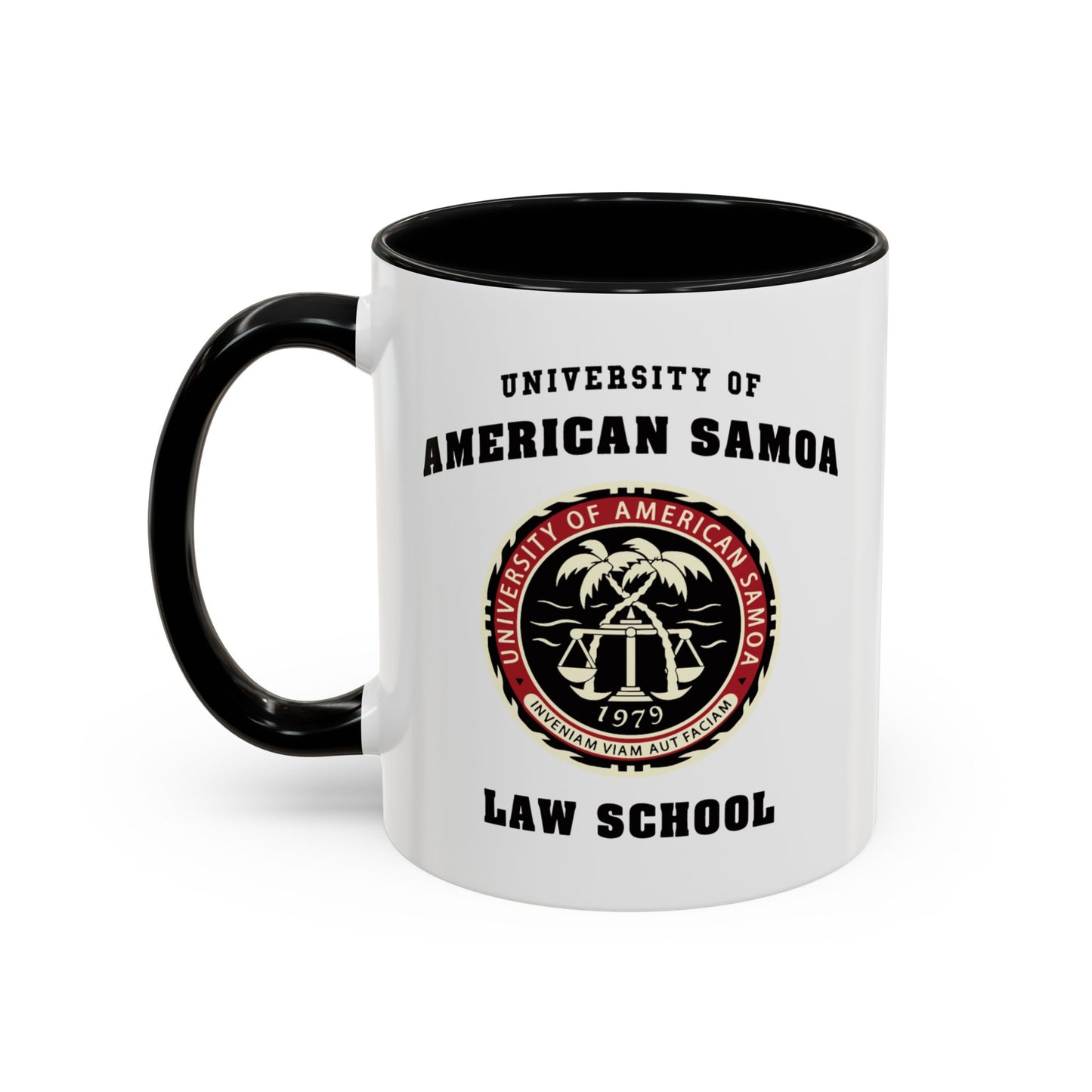 11 oz Ceramic mug with black handle on left featuring University of American Samoa Law School logo from Better Call Saul on both sides.