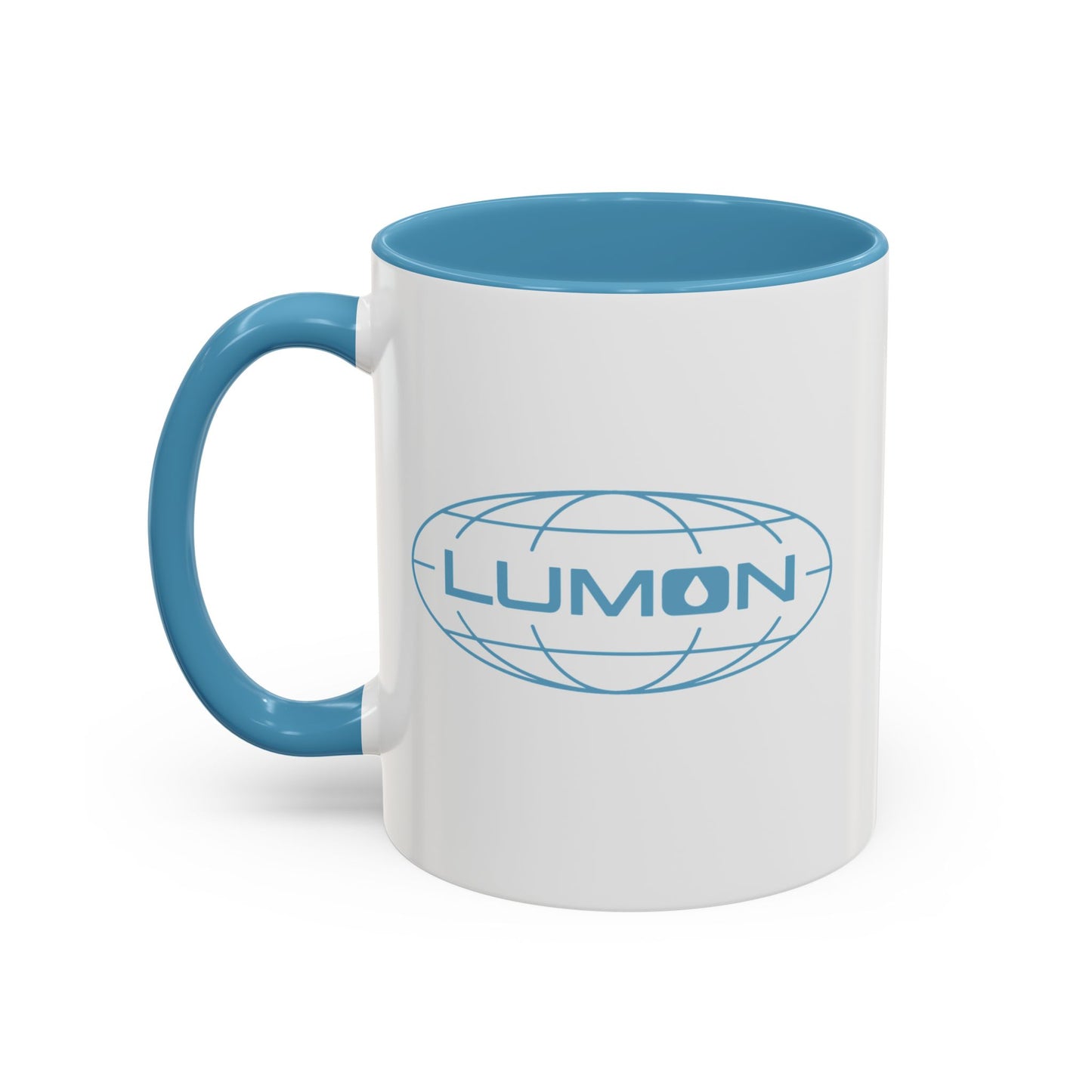 Front angle of a mockup of a White Ceramic Mug (11 oz) with the blue Lumon Industries logo on one side and customizable text on the other side (up to 120 characters) inspired by the Apple TV show Severance.