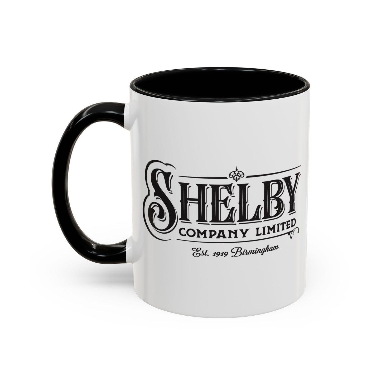 Front view of a 11 oz White Ceramic Mug with black handle/interior featuring the fictional Shelby Company Limited Logo from the TV show Peaky Blinders printed on both sides. Black handle is on the left. Graphic is designed by ScriptedBrand and includes the text "Est. 1919 Birmingham".