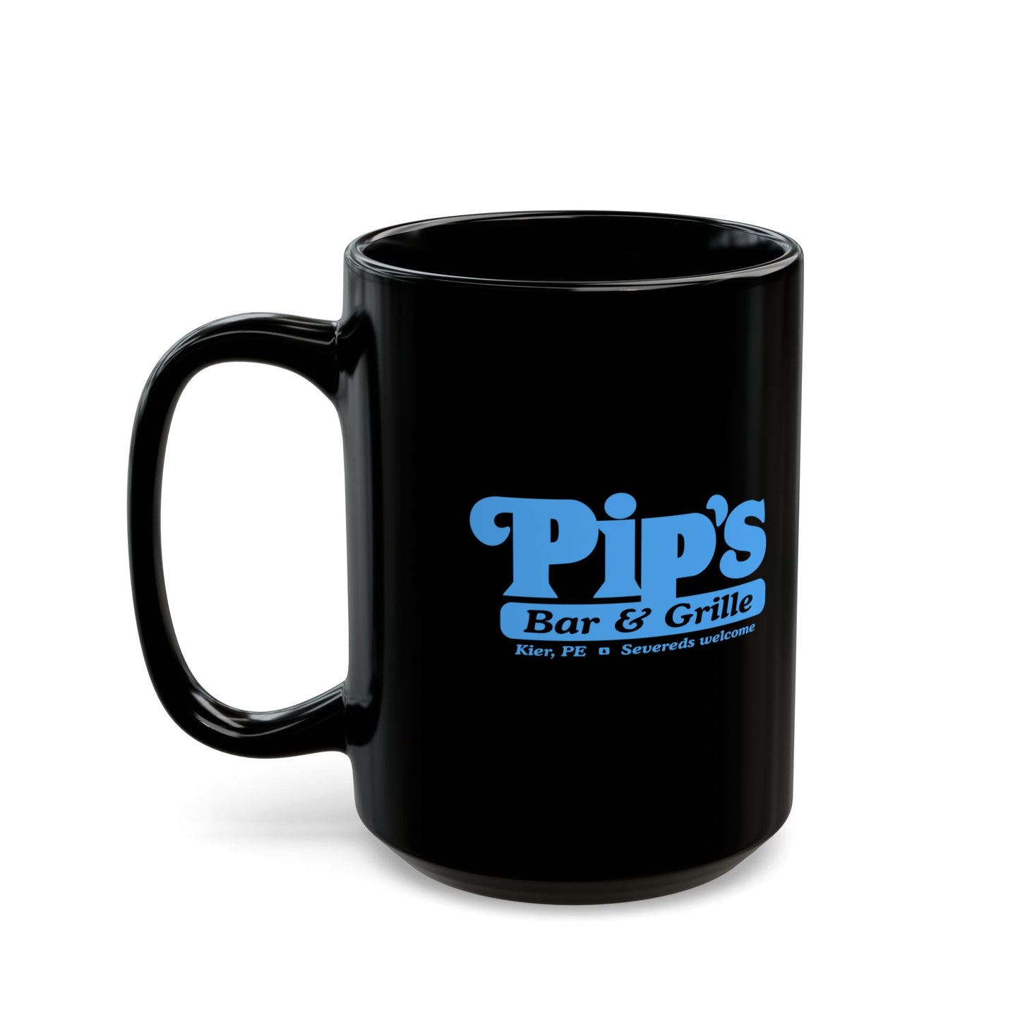 15 oz Black Ceramic Mug featuring the Pips Bar and Grill logo from the Apple TV show Severance printed on both sides in Lumon Industries blue, sold by ScriptedBrand. Handle is on the left side.