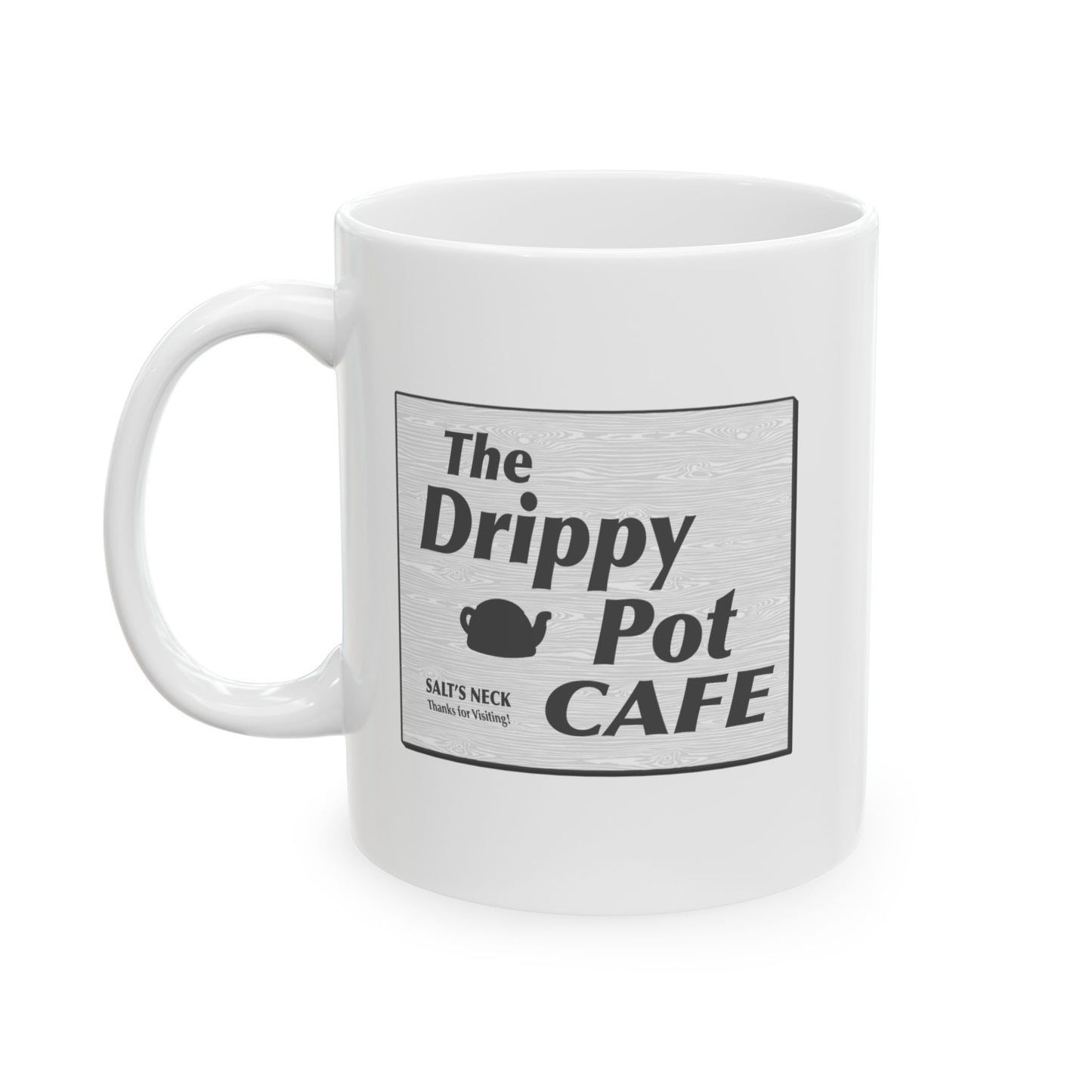 front view of White Ceramic Mug with the Drippy Pot Cafe logo graphic from the TV show Severance printed on both sides
