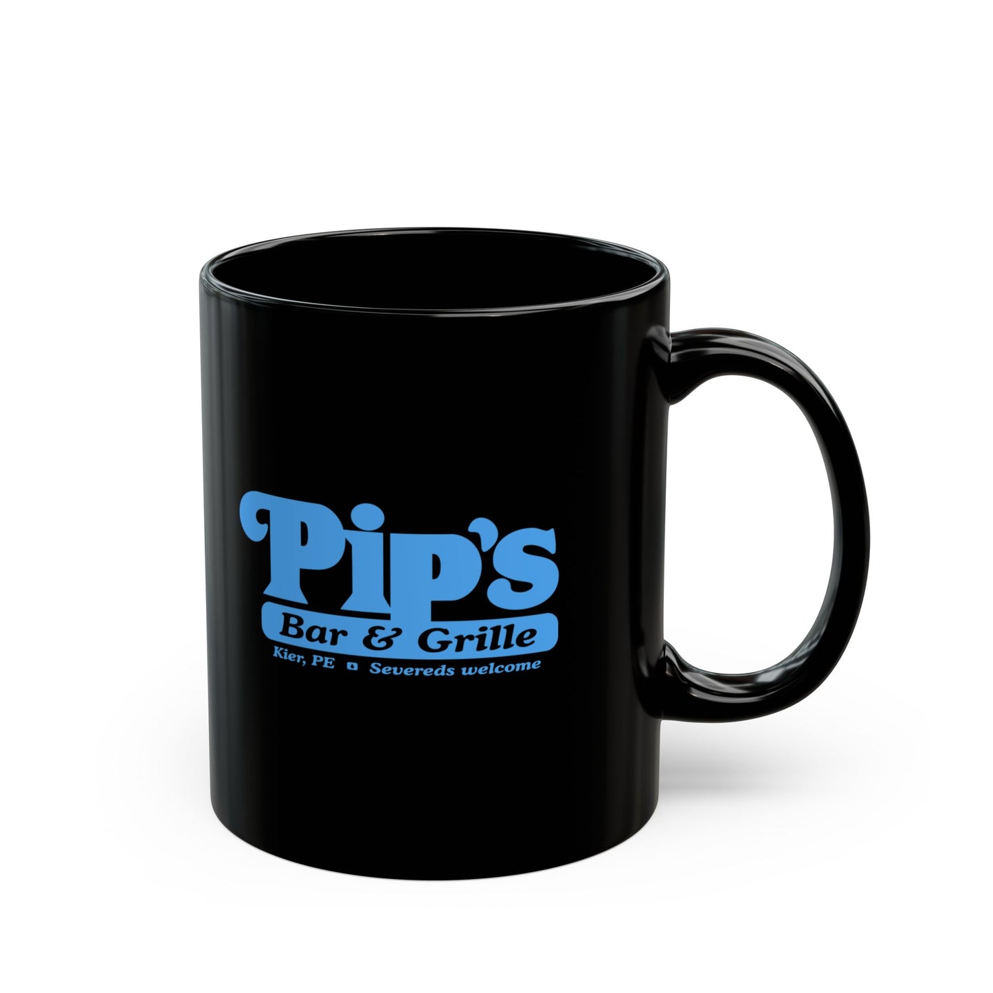 11 oz Black Ceramic Mug featuring the Pips Bar and Grill logo from the Apple TV show Severance printed on both sides in Lumon Industries blue, sold by ScriptedBrand. Handle is on the right side.