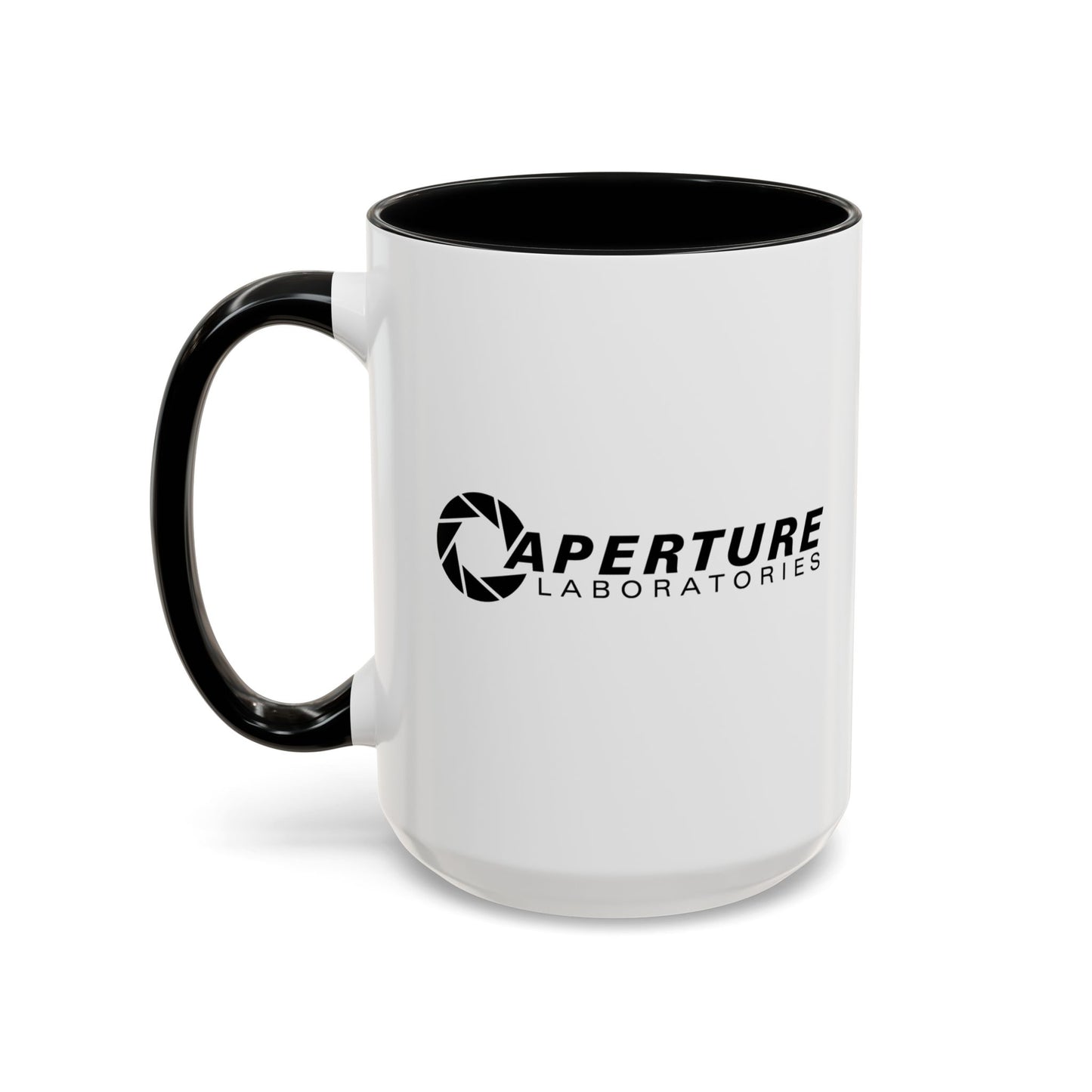 Front of a 15 oz white Ceramic Accent Mug with the black Aperture Laboratories logo from the video game Portal on both sides. Handle and interior are colored black, with handle on left side.