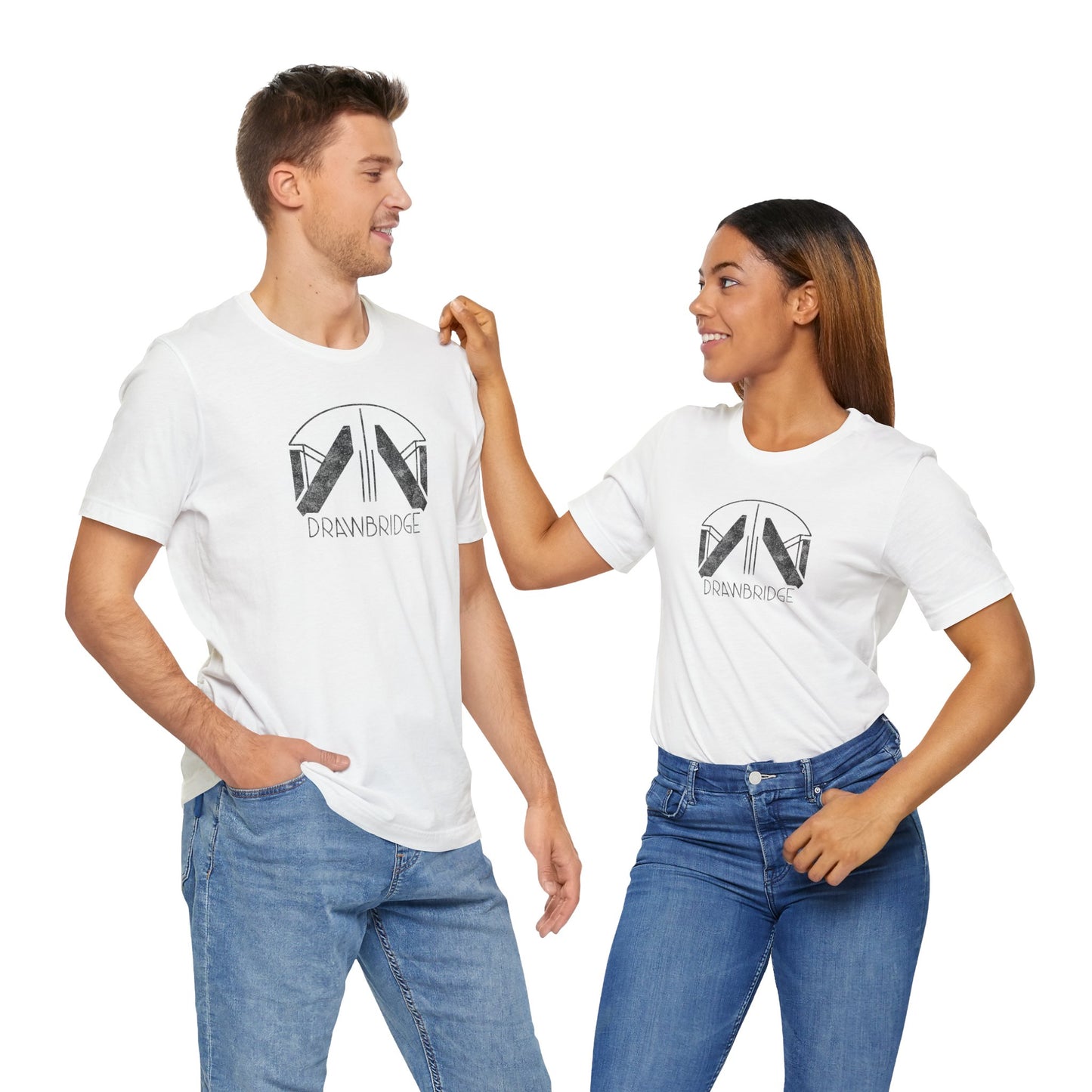 2 models wearing white colored soft Bella+Canvas 3001 short-sleeve t-shirts featuring the Drawbridge logo from the video game Death Stranding 2, in a vintage distressed style, sold by ScriptedBrand.