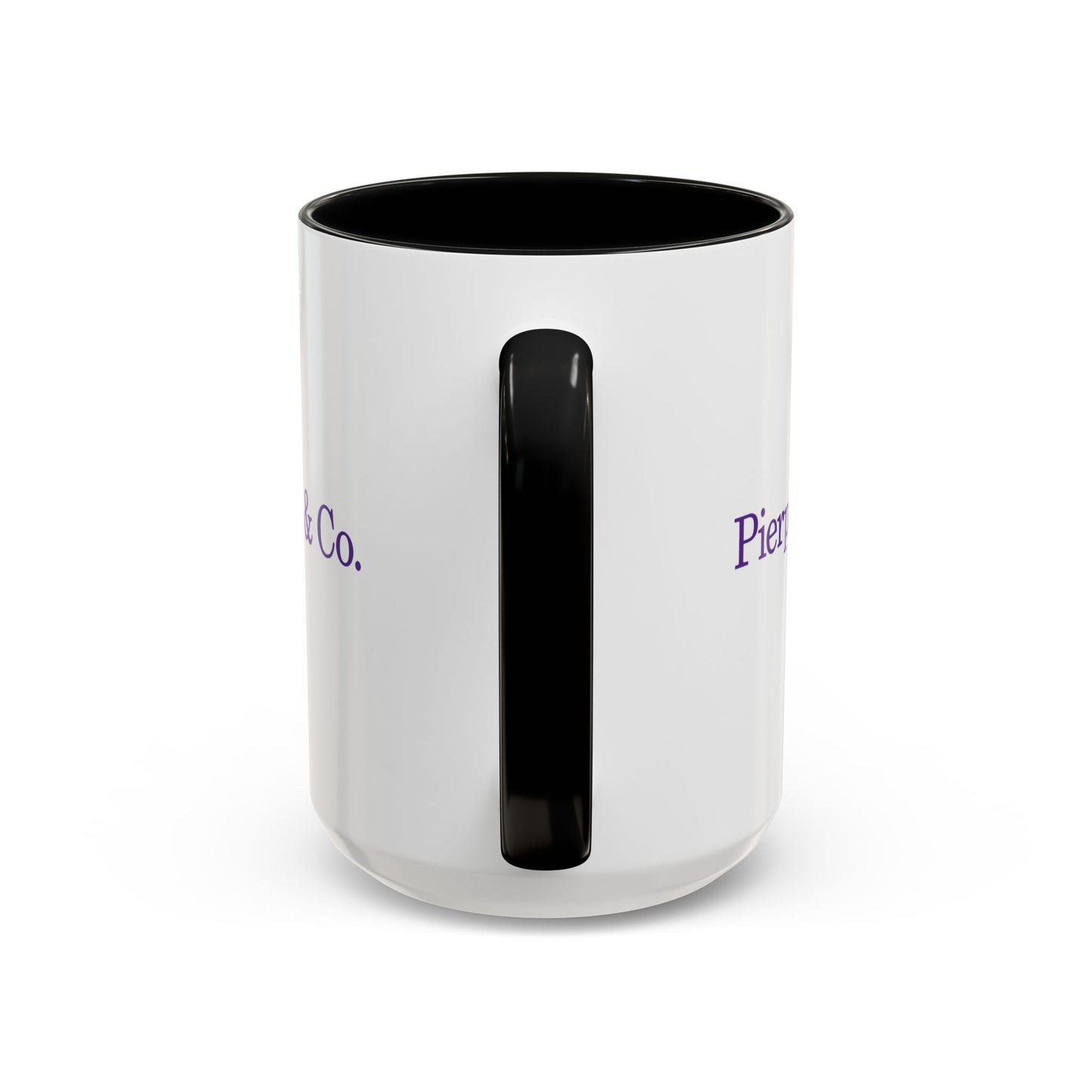 Side view of a 15 oz White Ceramic Mug facing the black handle, featuring the purple Pierpoint & Co logo from the HBO TV show Industry printed on both sides, sold by ScriptedBrand.