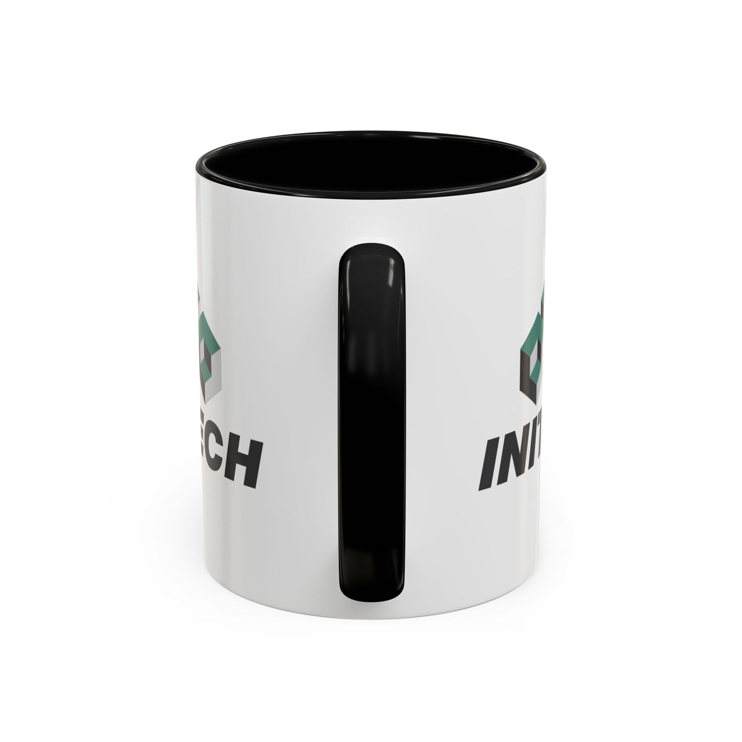 Side handle view of a White Ceramic Accent Mug with black handle/interior featuring the fictional Initech logo from the movie Office Space printed on both sides, sold by ScriptedBrand.