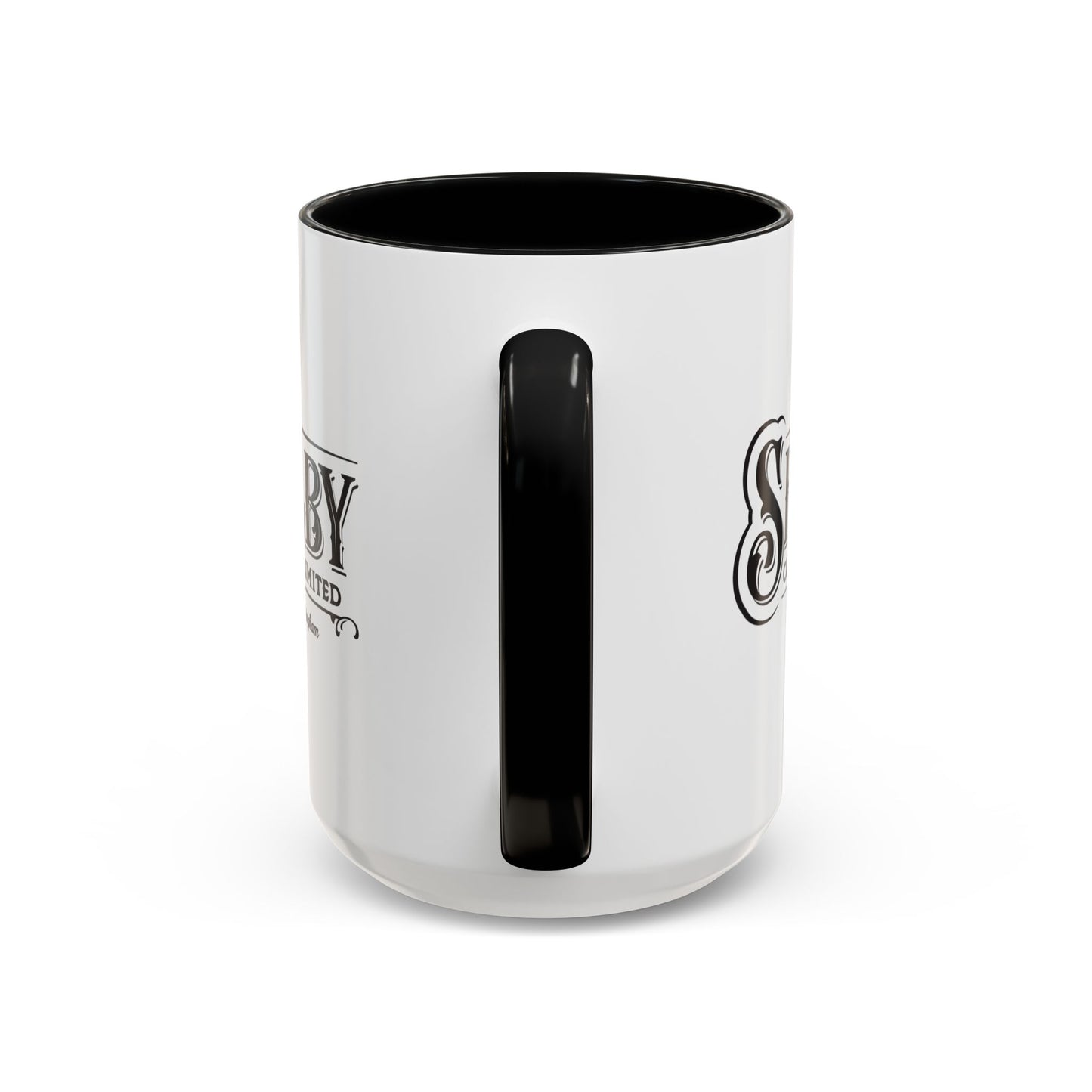 Handle-side view of a 15 oz White Ceramic Mug with black handle/interior featuring the fictional Shelby Company Limited Logo from the TV show Peaky Blinders printed on both sides. Black handle is on the right. Graphic is designed by ScriptedBrand and includes the text "Est. 1919 Birmingham".