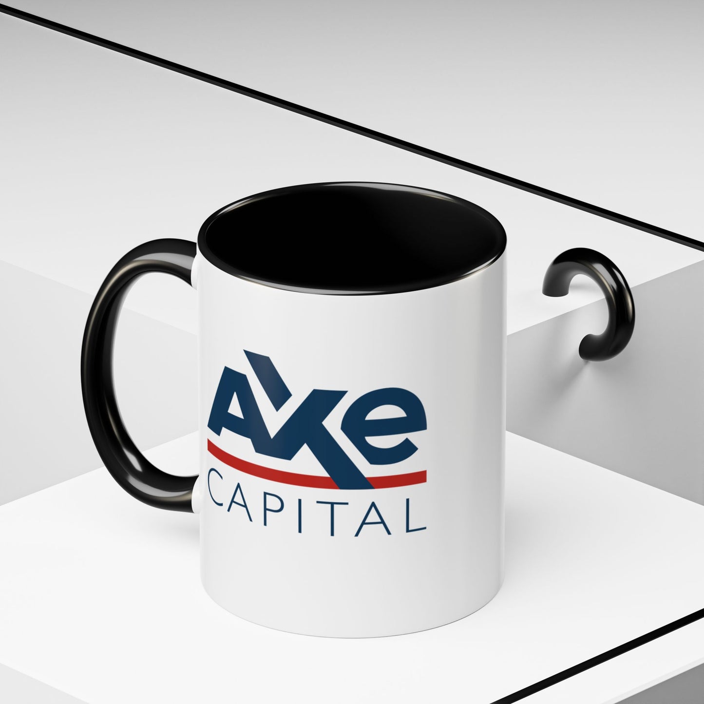 Angled view of an 11 oz White Ceramic Mug with black handle/interior featuring the fictional Axe Capital logo from the TV show Billions printed on both sides, sold by ScriptedBrand.