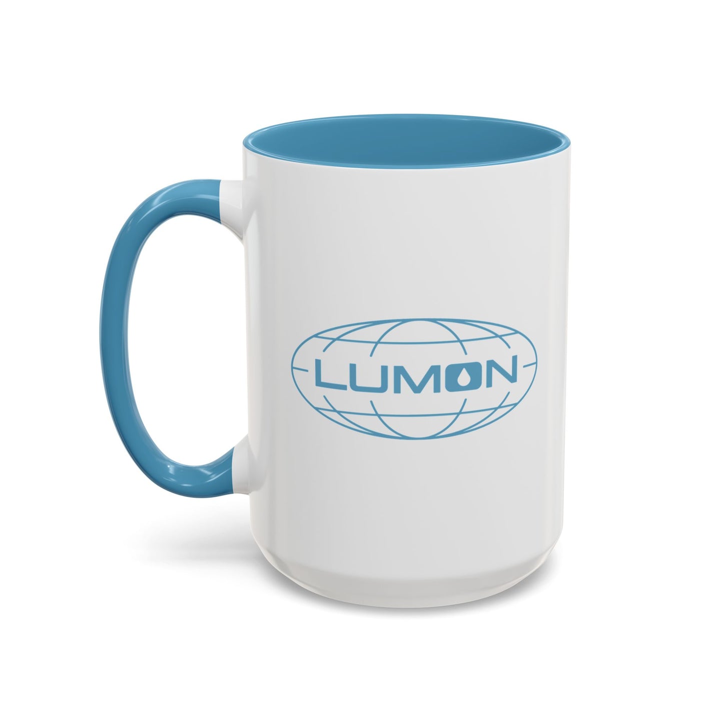 Front side of a White Ceramic Mug (15 oz) with the blue Lumon Industries logo on both sides, inspired by the Apple TV show Severance, with the handle on the left.
