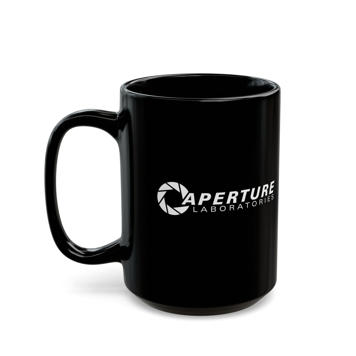 Front view of a 15 oz Black Ceramic Mug with the white Aperture Laboratories logo from the video game Portal and Portal 2 on both sides, shown with handle on the left, sold by ScriptedBrand.