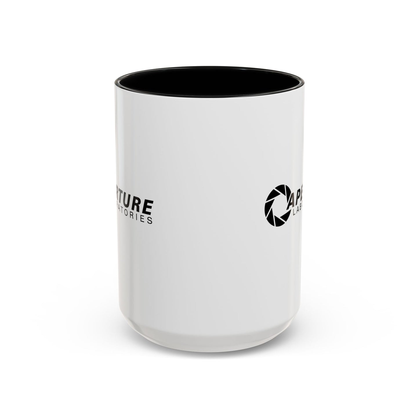 Side view of a 15 oz white Ceramic Accent Mug with the black Aperture Laboratories logo from the video game Portal on both sides. Handle and interior are colored black.