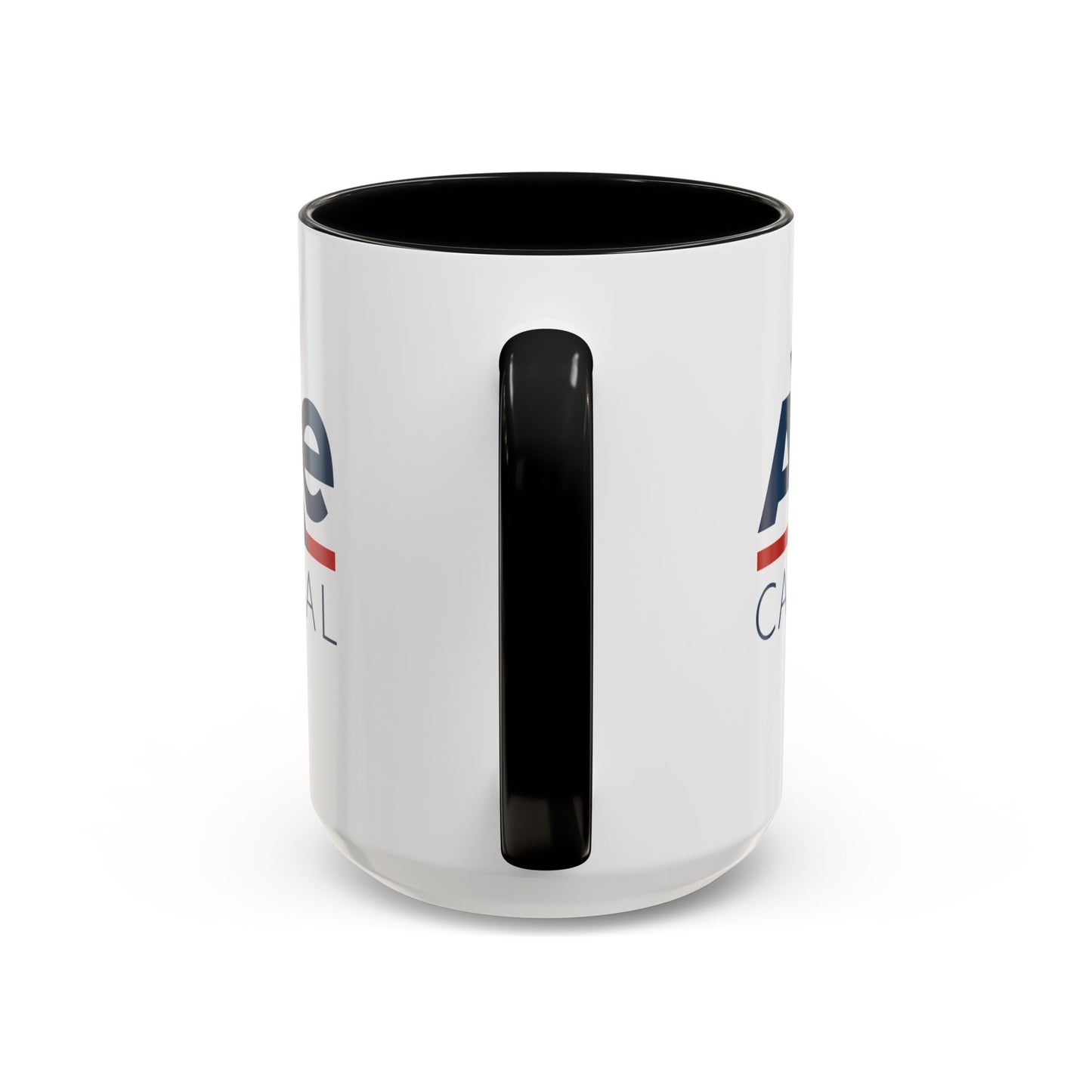Side view of a 15 oz White Ceramic Mug with black handle/interior featuring the fictional Axe Capital logo from the TV show Billions printed on both sides, sold by ScriptedBrand.