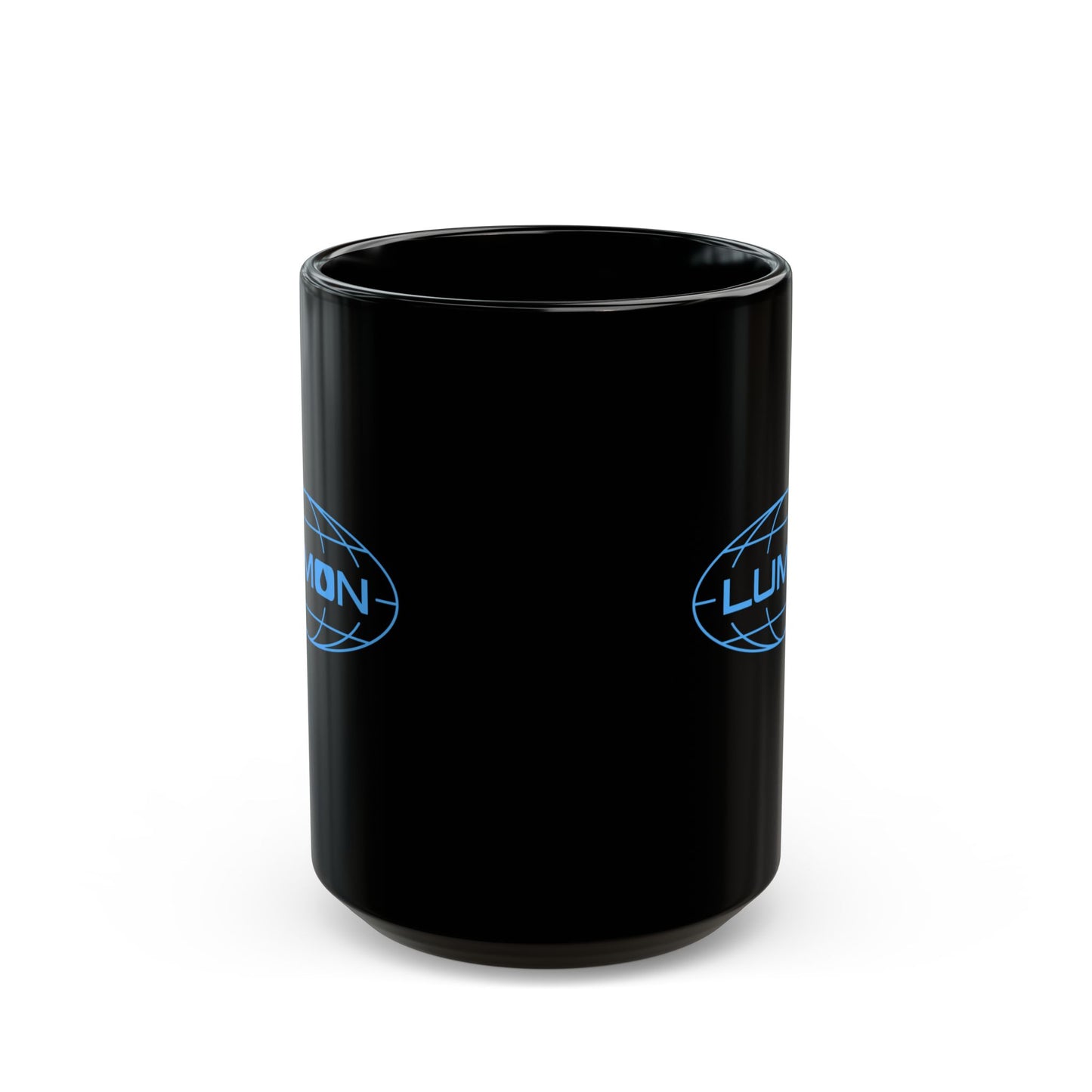 Side view of a 15 oz Black Ceramic Mug with the Lumon Industries logo from the Apple TV show Severance printed on both sides.