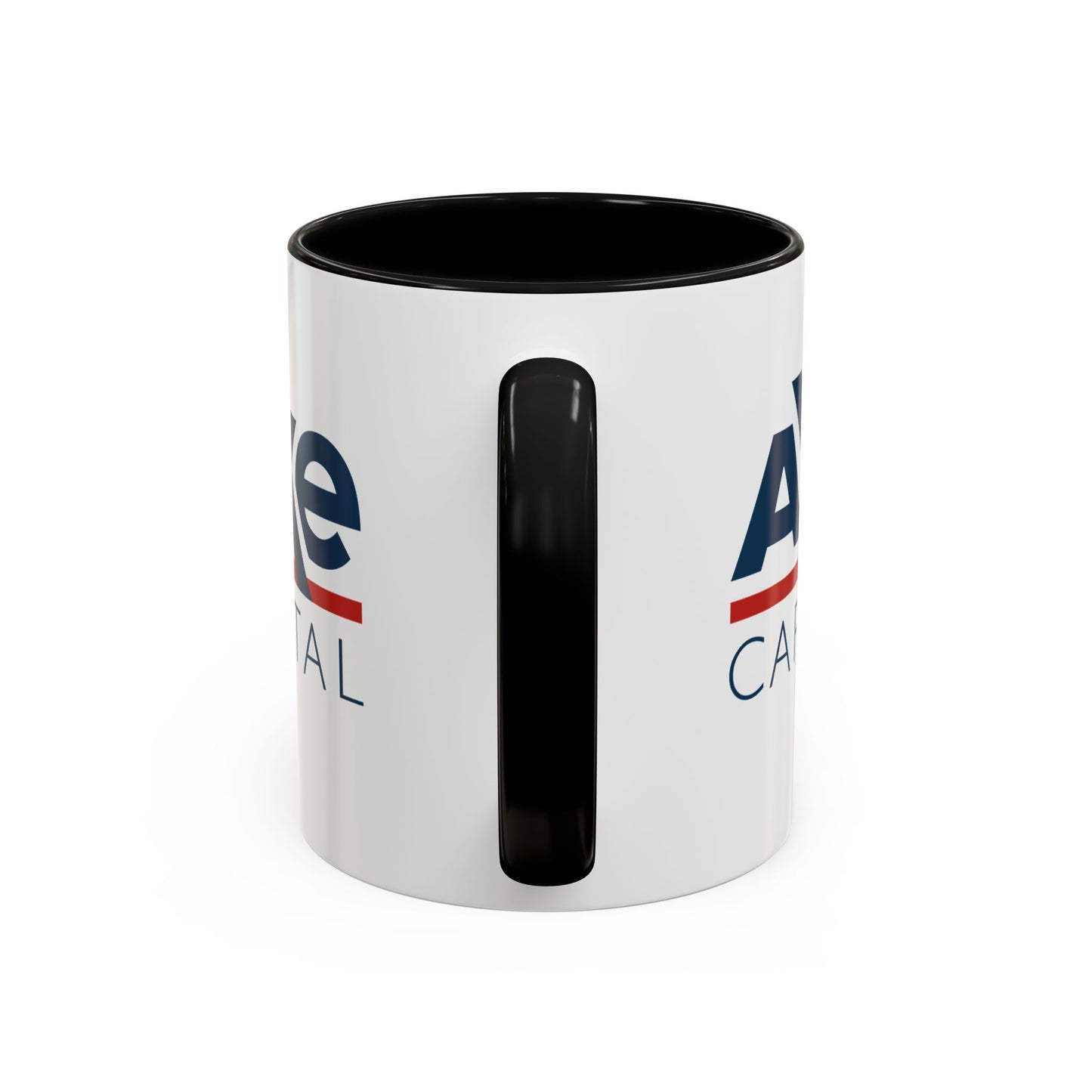 Side view of an 11 oz White Ceramic Mug with black handle/interior featuring the fictional Axe Capital logo from the TV show Billions printed on both sides, sold by ScriptedBrand.