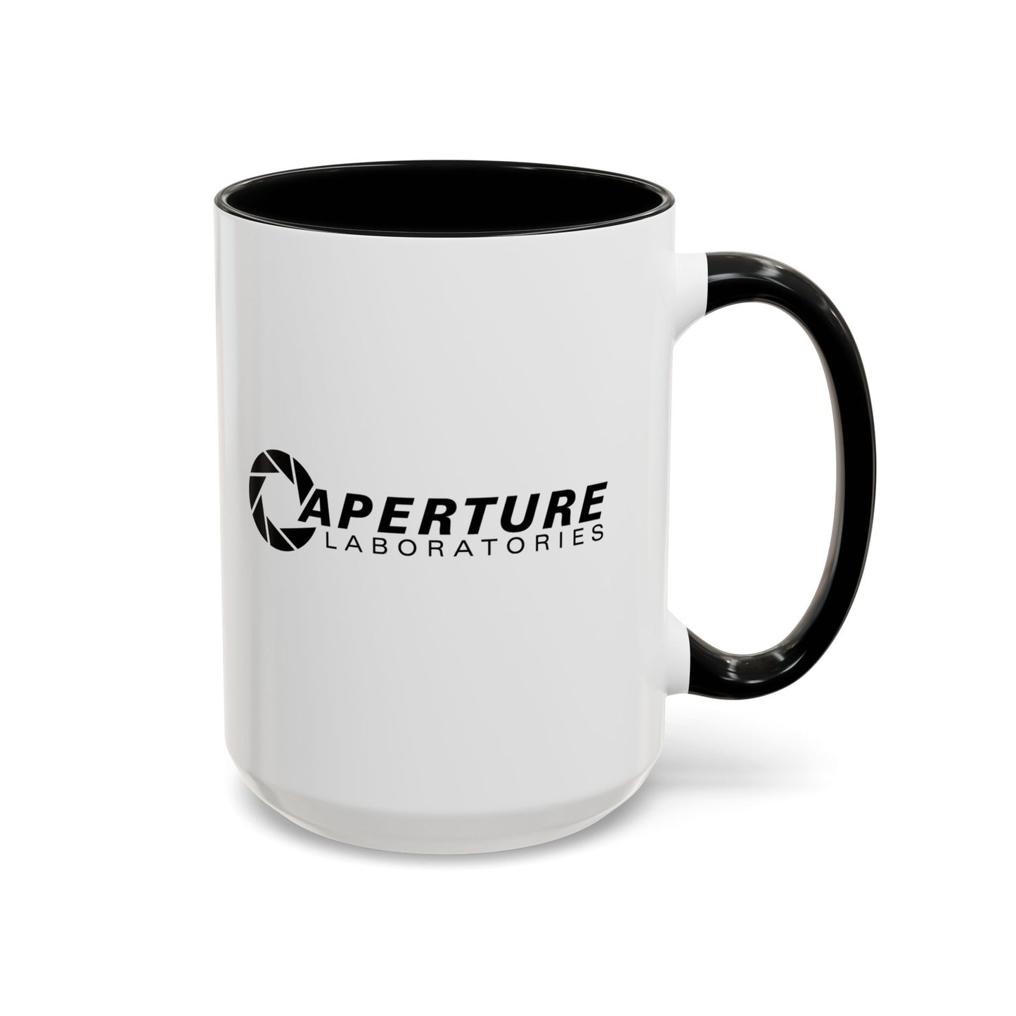 Front of a 15 oz white Ceramic Accent Mug with the black Aperture Laboratories logo from the video game Portal on both sides. Handle and interior are colored black, with handle on right side.