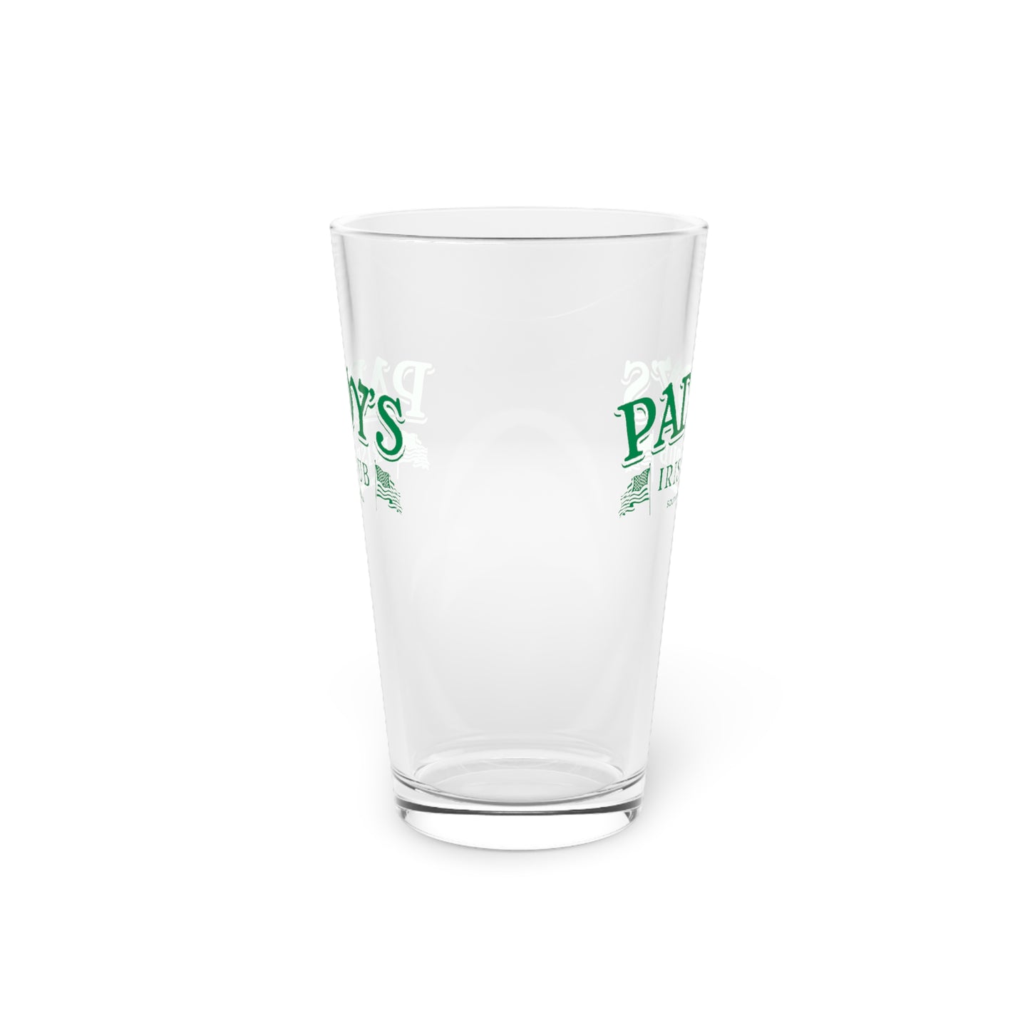 Side view of a 16 ounce clear pint glass featuring the Paddy's Pub logo graphic from the TV Show It's Always Sunny in Philadelphia printed on both sides, sold by ScriptedBrand.