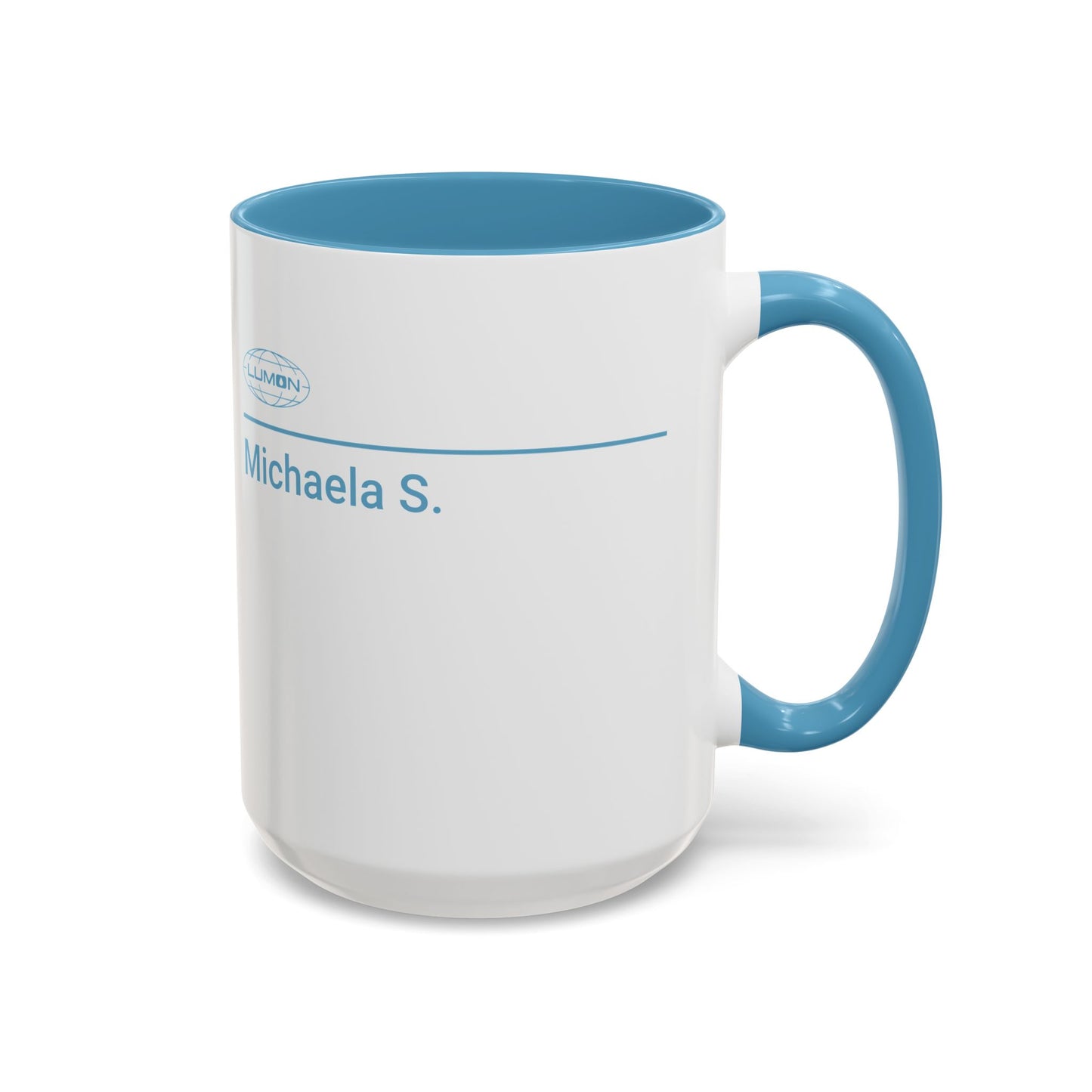 Back angle of a mockup of a White Ceramic Mug (15 oz) with the blue Lumon Industries logo on one side and customizable text on the other side (up to 120 characters) inspired by the Apple TV show Severance, and custom text says "Michaela S."