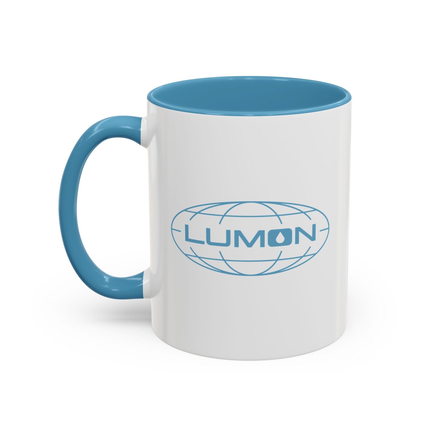 Front side of a White Ceramic Mug (11 oz) with the blue Lumon Industries logo on both sides, inspired by the Apple TV show Severance, with the handle on the left.