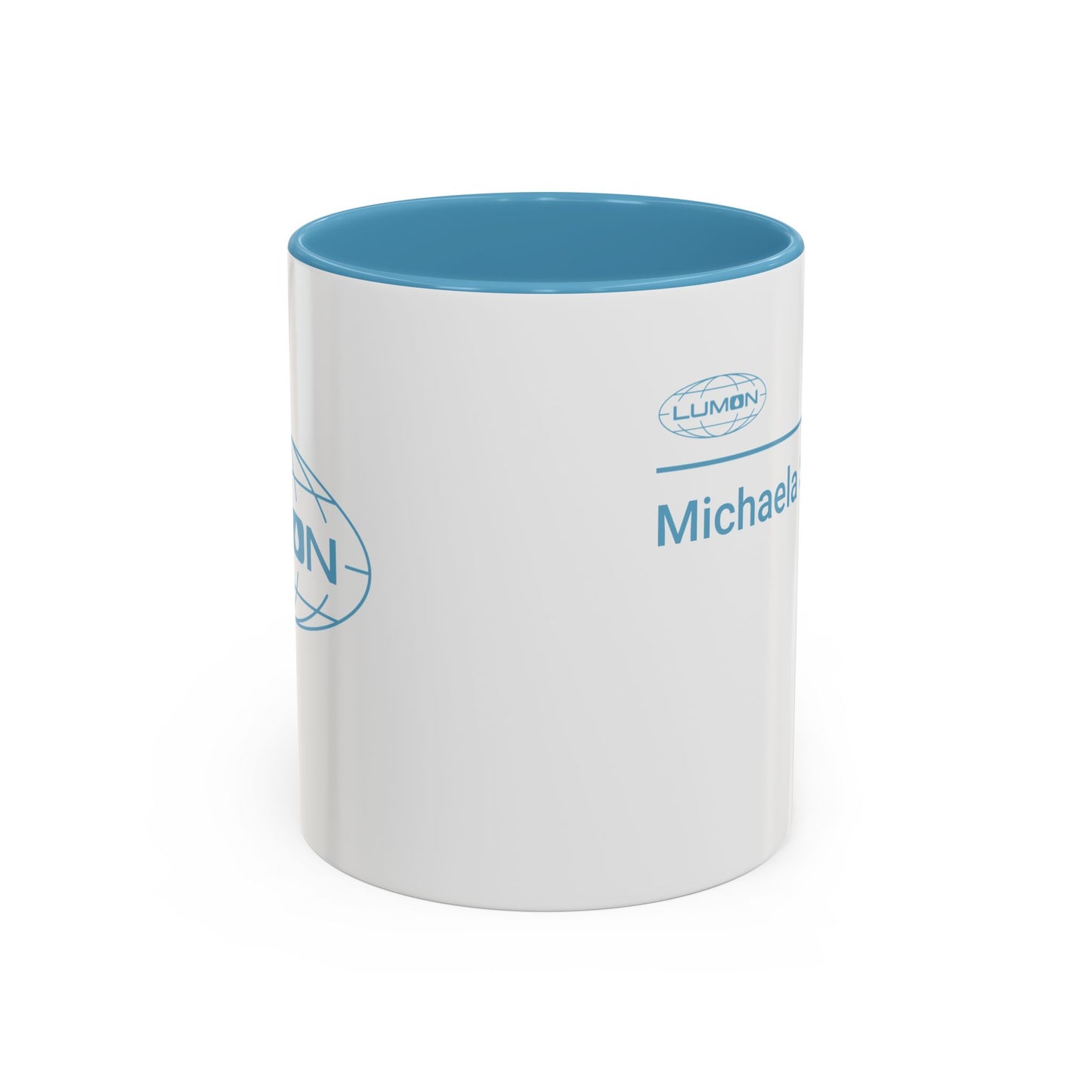 Side angle of a mockup of a White Ceramic Mug (11 oz) with the blue Lumon Industries logo on one side and customizable text on the other side (up to 120 characters) inspired by the Apple TV show Severance.