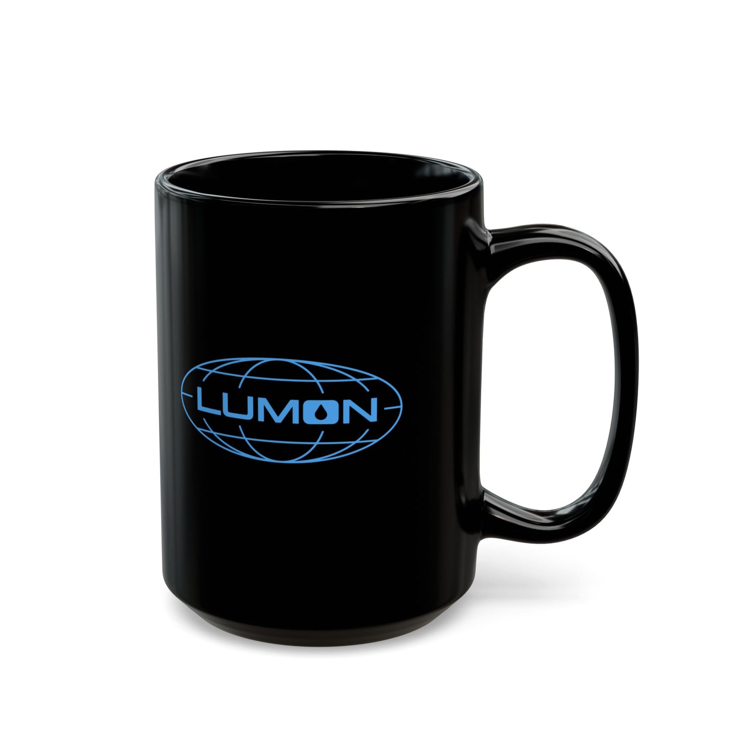 Front view of an 15 oz Black Ceramic Mug with the Lumon Industries logo from the Apple TV show Severance printed on both sides, with the handle on the right.