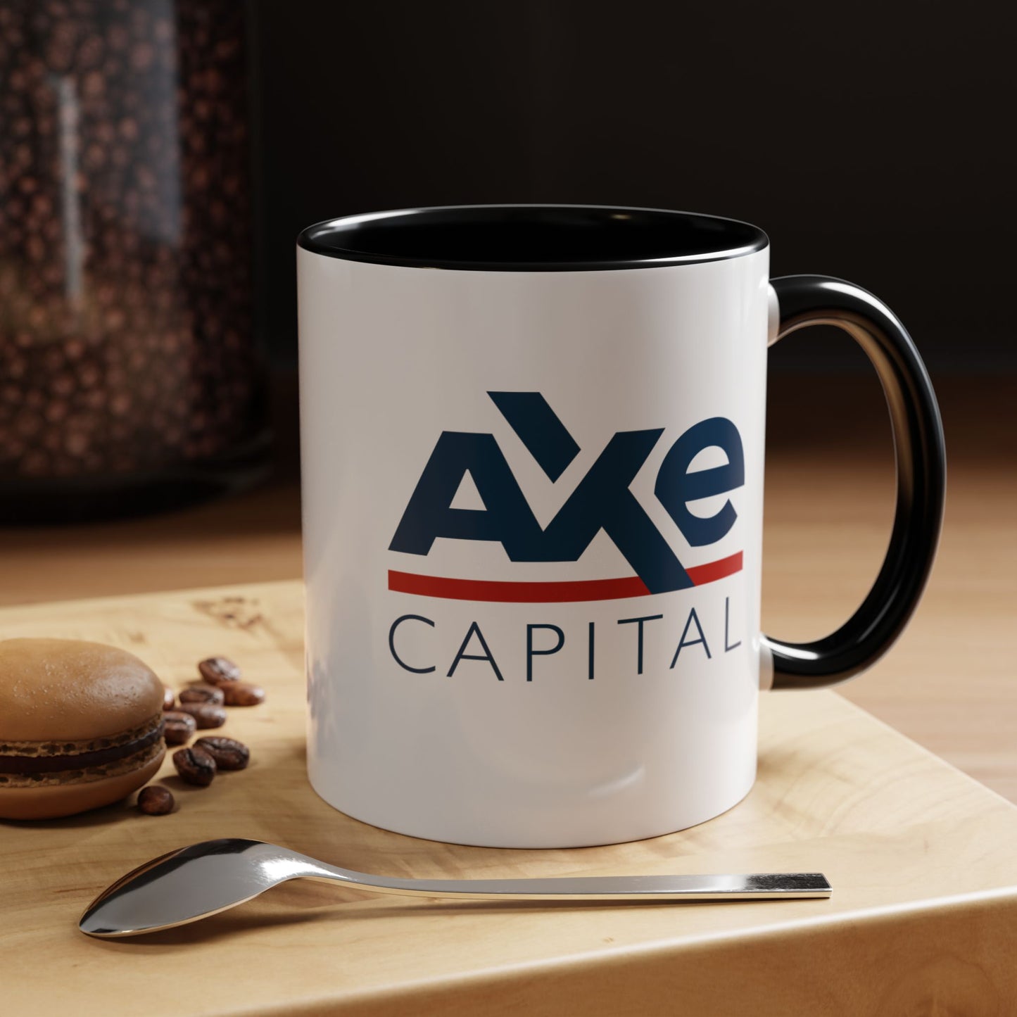 11 oz White Ceramic Mug with black handle/interior featuring the fictional Axe Capital logo from the TV show Billions printed on both sides, shown in a kitchen, sold by ScriptedBrand.