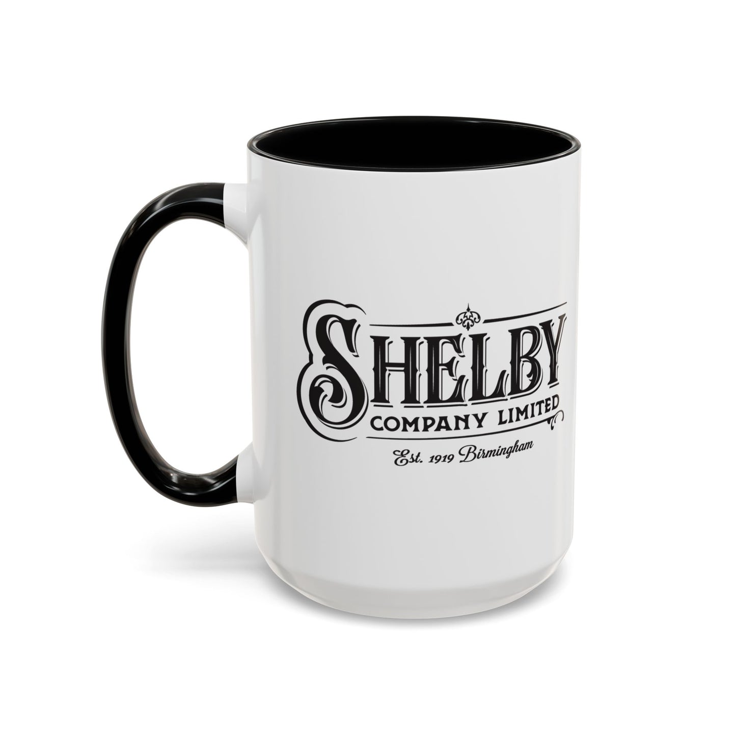 Front view of a 15 oz White Ceramic Mug with black handle/interior featuring the fictional Shelby Company Limited Logo from the TV show Peaky Blinders printed on both sides. Black handle is on the left side. Graphic is designed by ScriptedBrand and includes the text "Est. 1919 Birmingham".