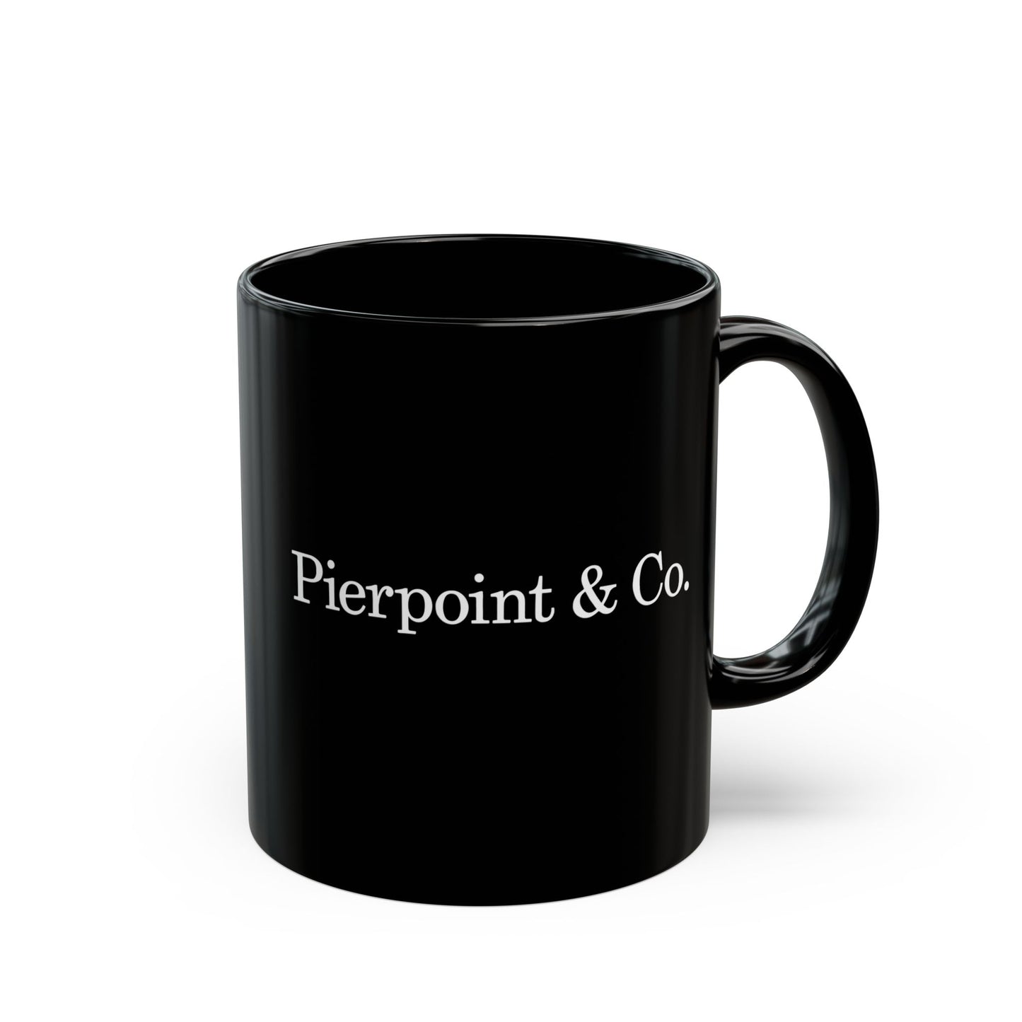 11 oz Black mug with 'Pierpoint & Co.' text on a white background