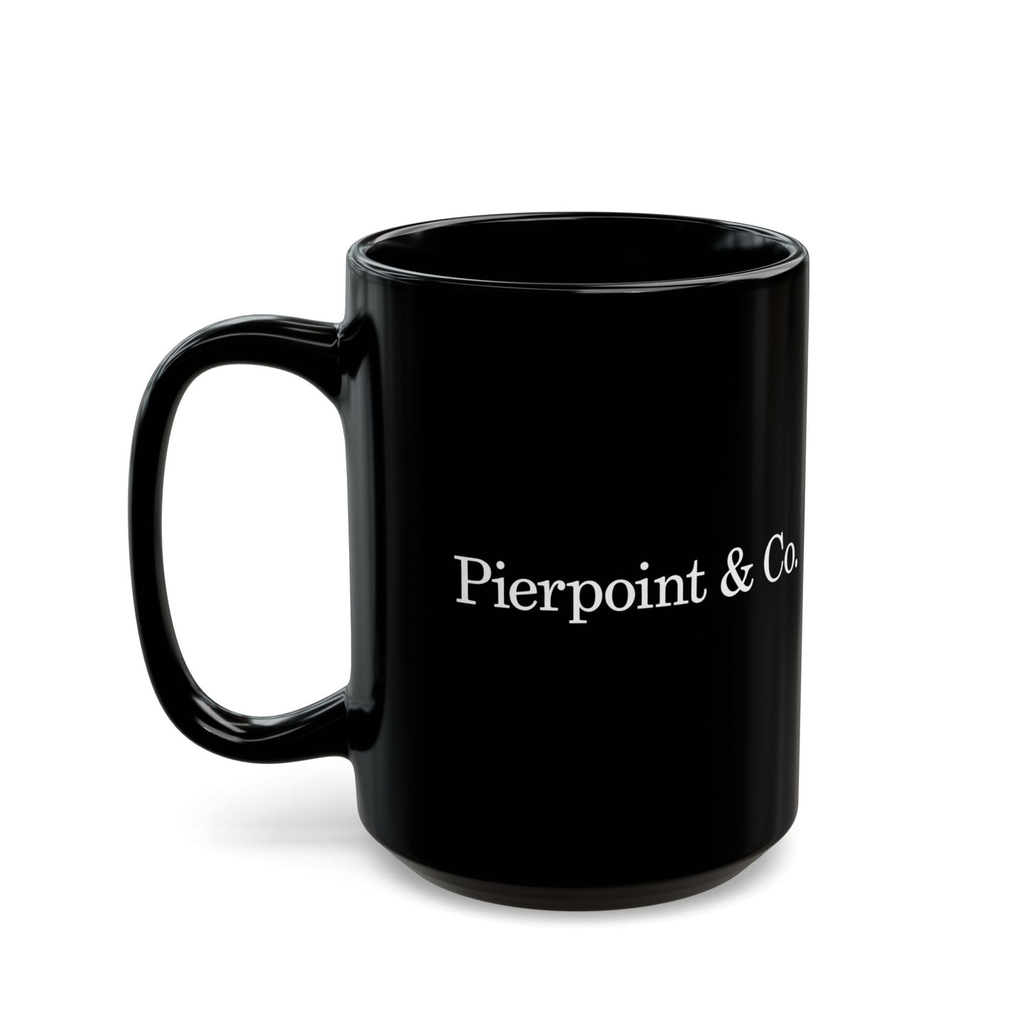 15 oz Black mug with 'Pierpoint & Co' text on a white background with handle on left side