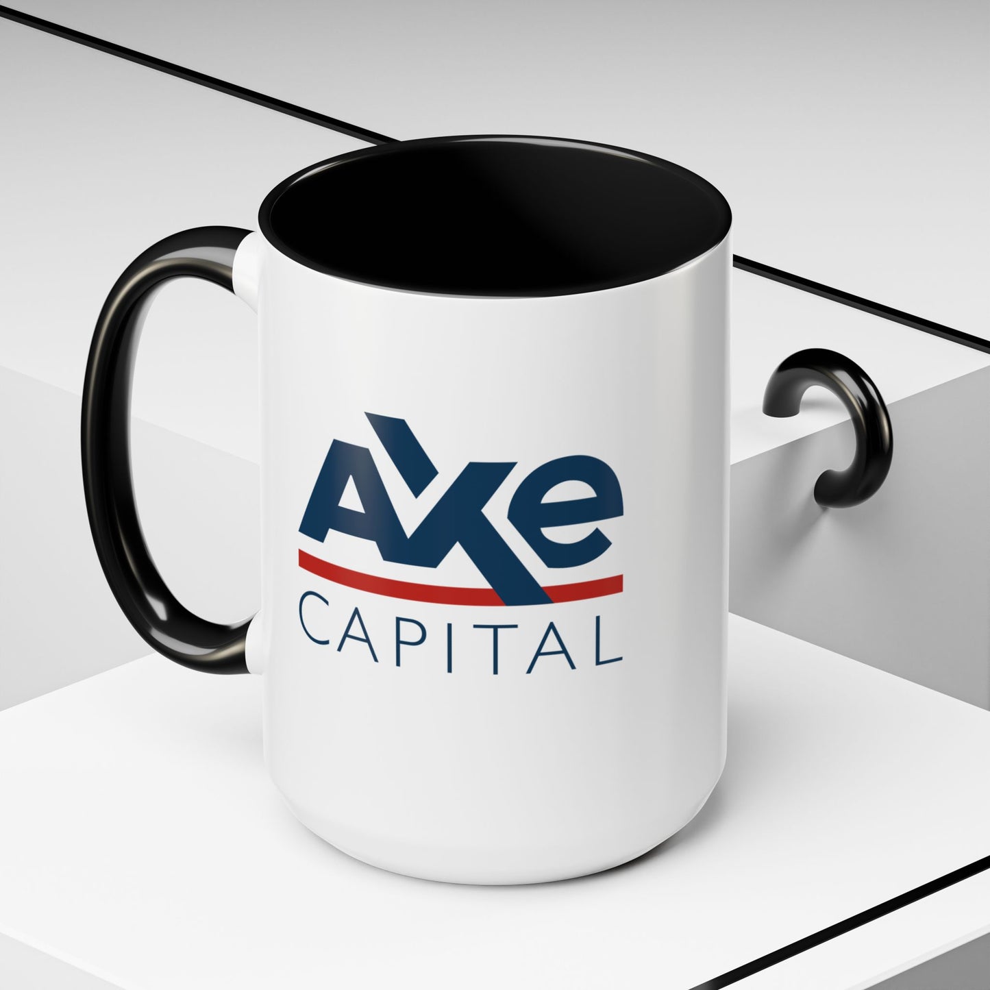 Angled view of a 15 oz White Ceramic Mug with black handle/interior featuring the fictional Axe Capital logo from the TV show Billions printed on both sides, sold by ScriptedBrand.