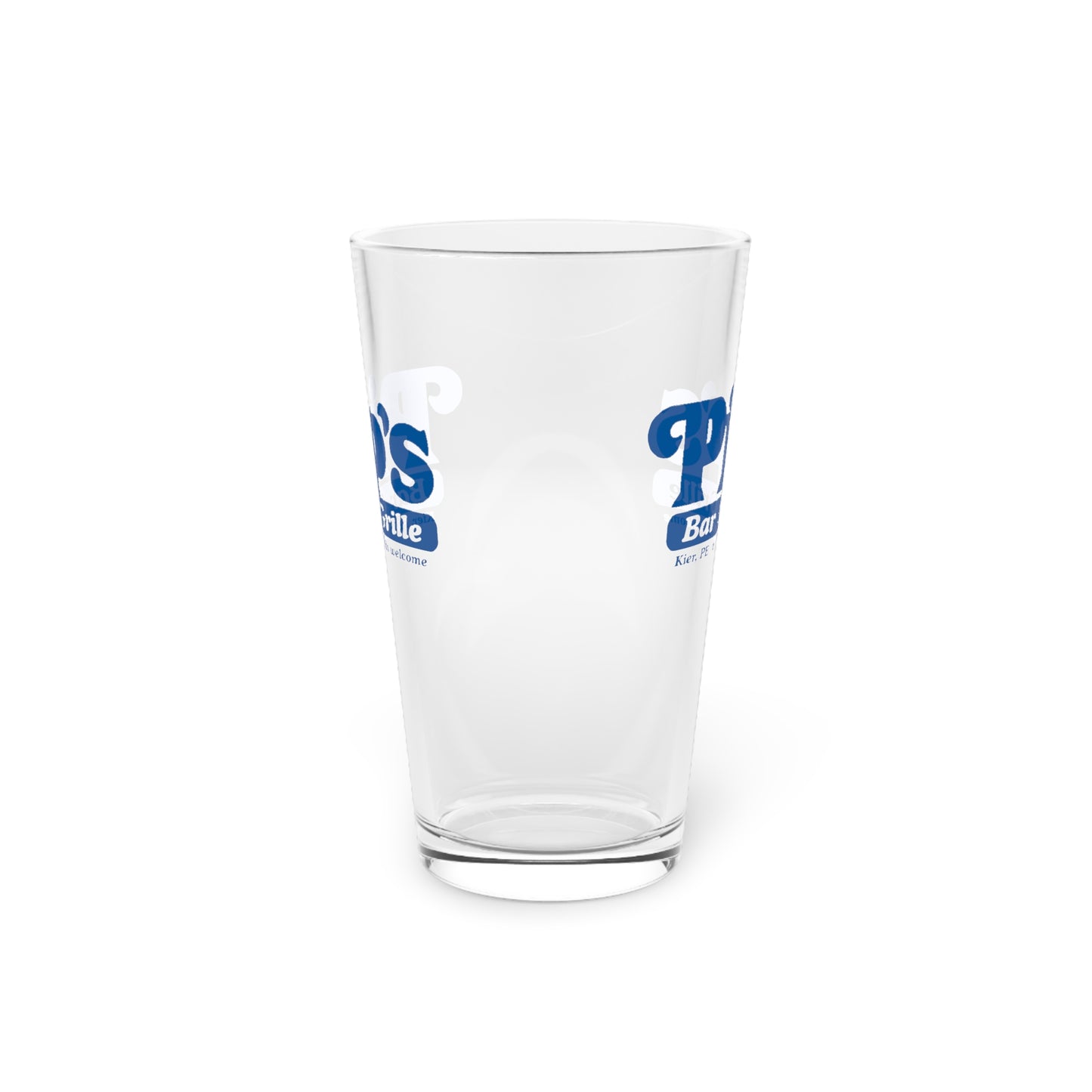 Side view of a 16 ounce clear pint glass featuring the Pips Bar and Grill logo from the Apple TV show Severance printed on both sides.