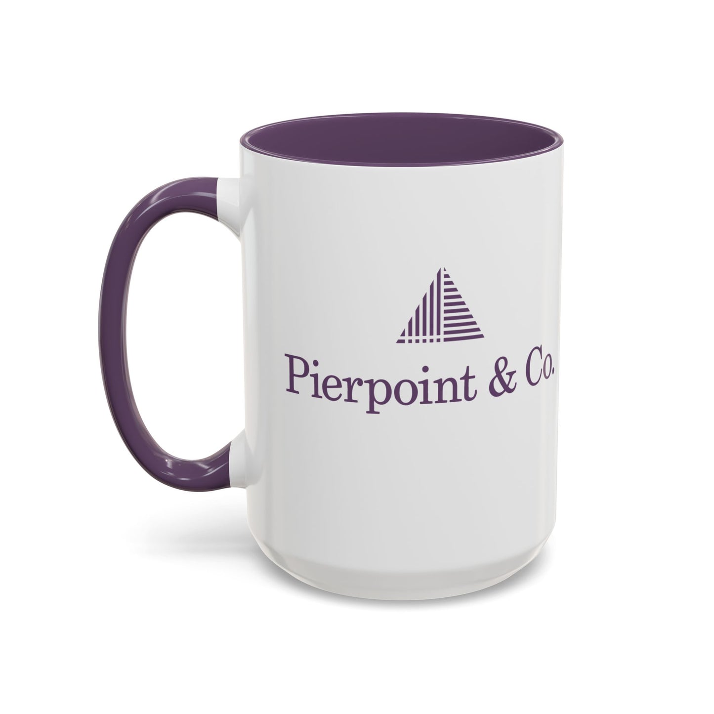Front view of 15 oz white ceramic mug with purple Pierpoint & Co. logo, handle, and interior inspired by the HBO series Industry.