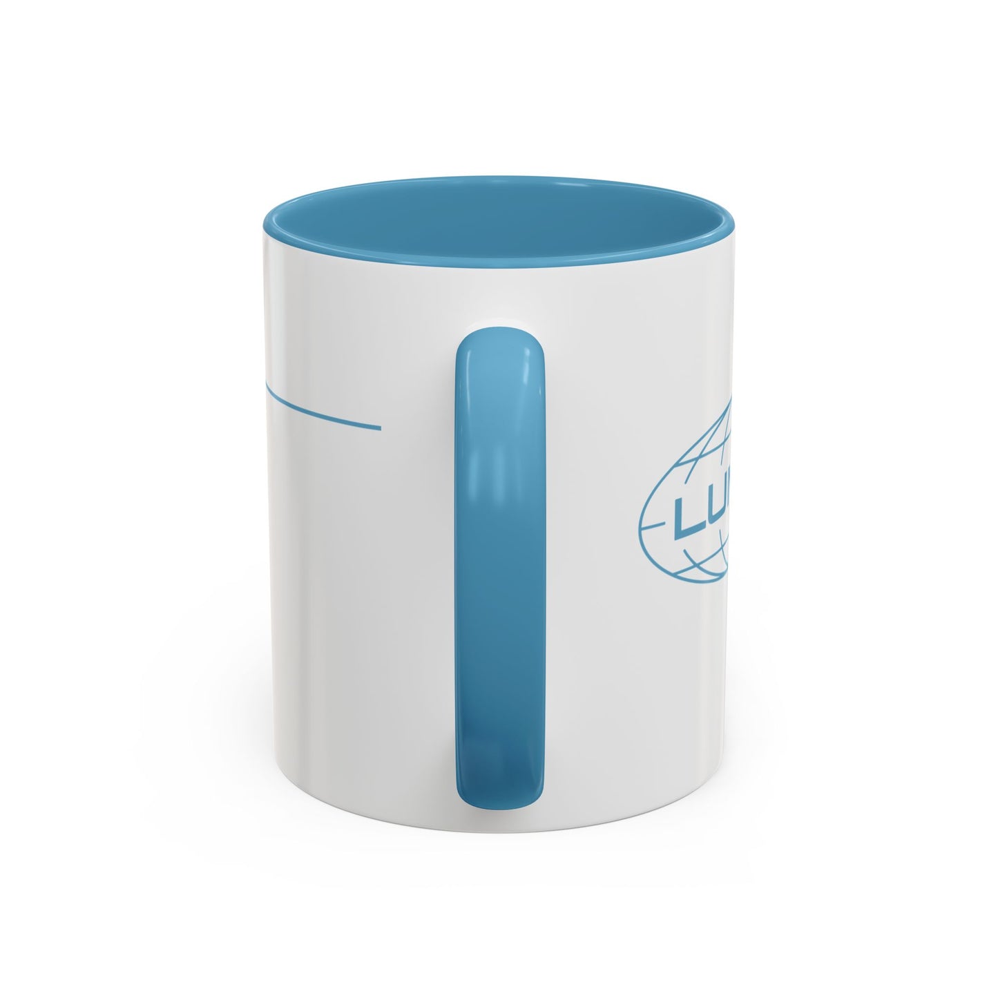 Handle angle of a mockup of a White Ceramic Mug (11 oz) with the blue Lumon Industries logo on one side and customizable text on the other side (up to 120 characters) inspired by the Apple TV show Severance.