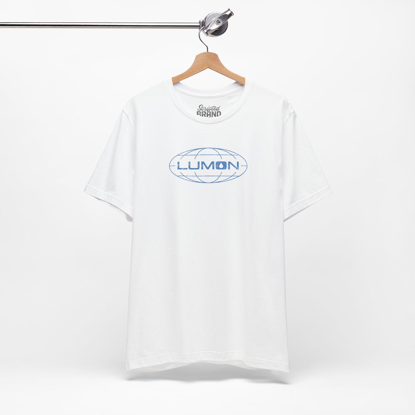 White colored soft Bella+Canvas shirtsleeve t-shirt with the Lumon Industries logo from the TV show Severance in a vintage distressed ink-stamped style, hanging on a hanger